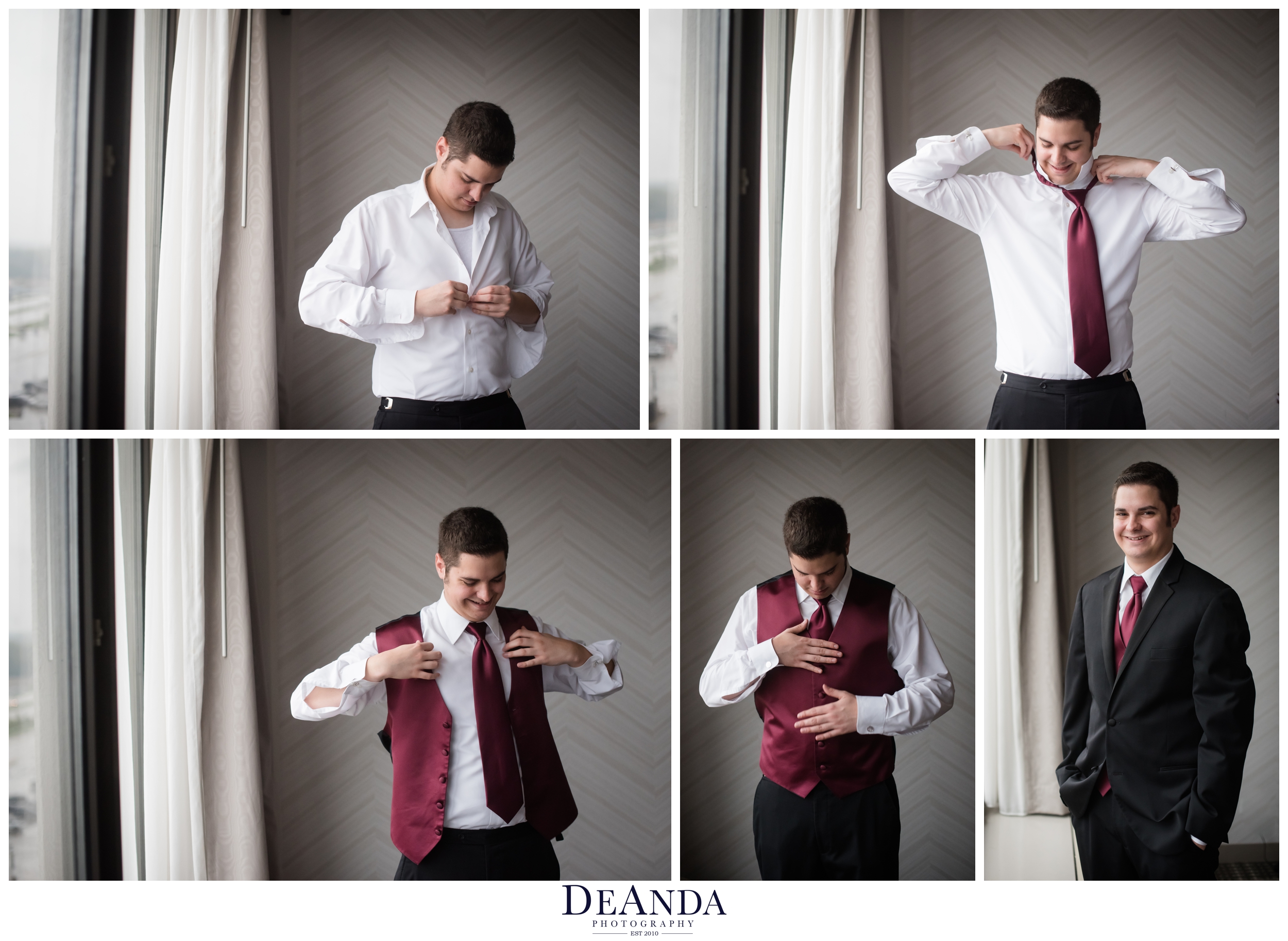 groom getting dressed at Pheasant Run Resort in St.Charles Illinois