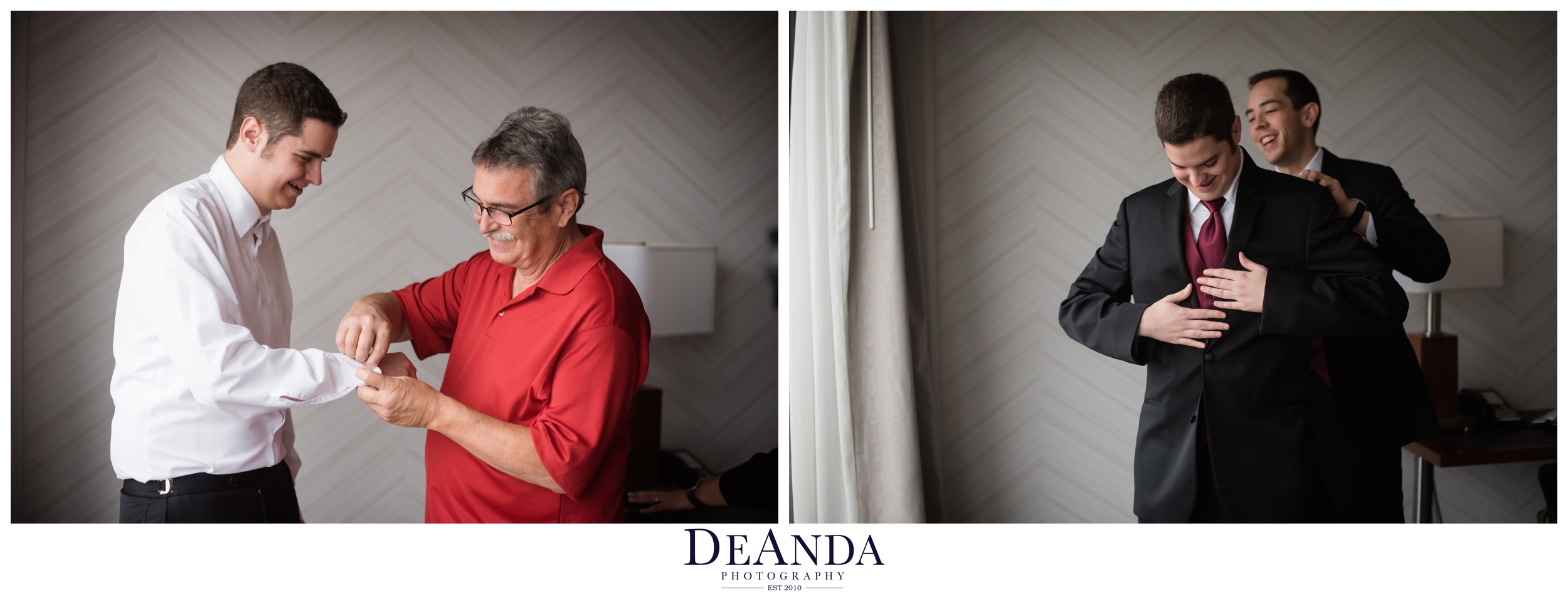 groom getting help being dressed at Pheasant Run Resort in St.Charles Illinois
