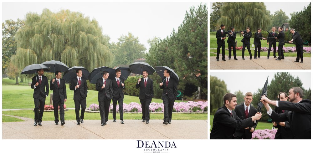 groomsmen with umbrellas as lightsabers