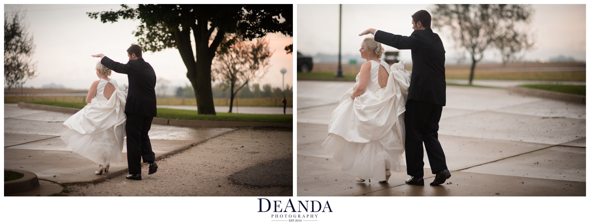 running between the raindrop at bride and groom under an umbrella at acquaviva winery in maple park