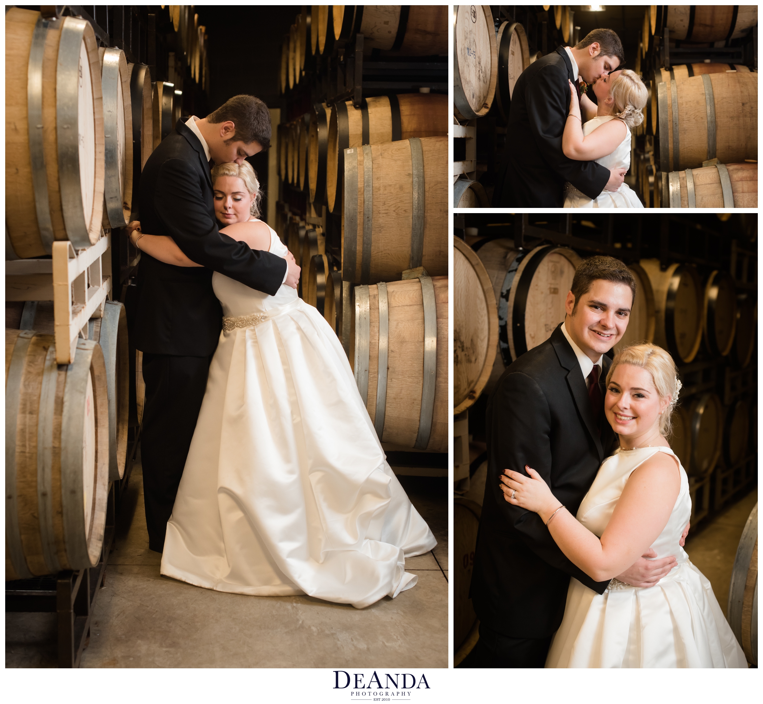bride and groom in barrel room at acquaviva winery in maple park