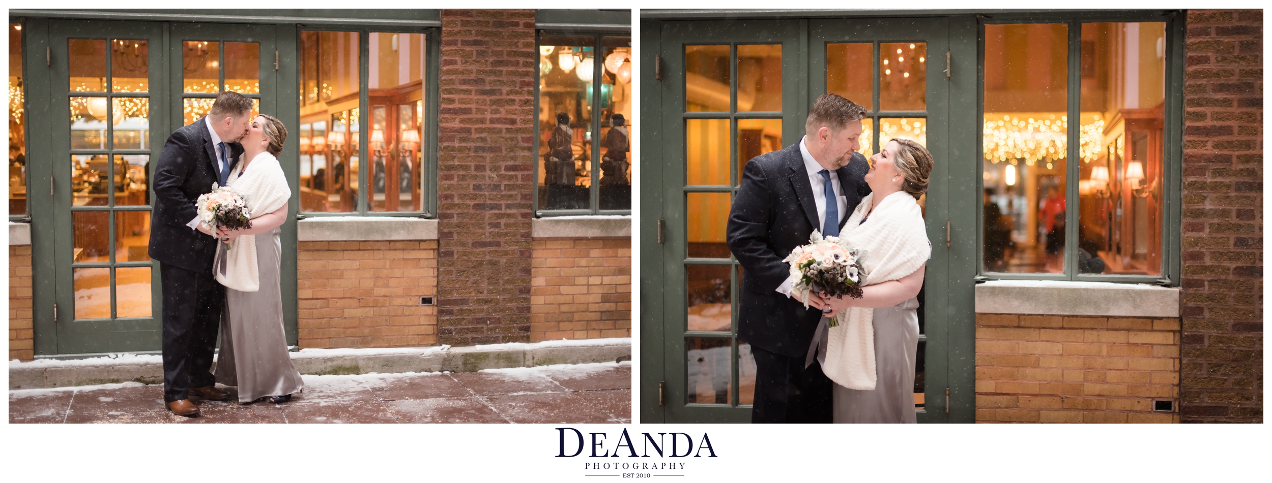 snowing portraits of bride and groom in ivy room courtyard 