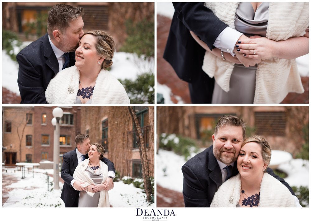 snowing portraits of bride and groom in ivy room courtyard 