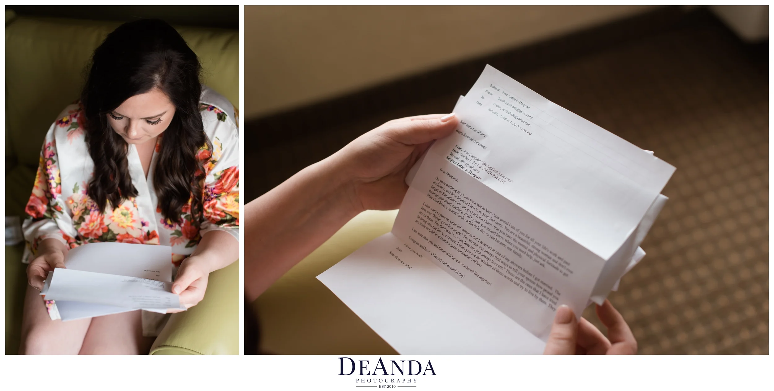 bride reading letter before wedding