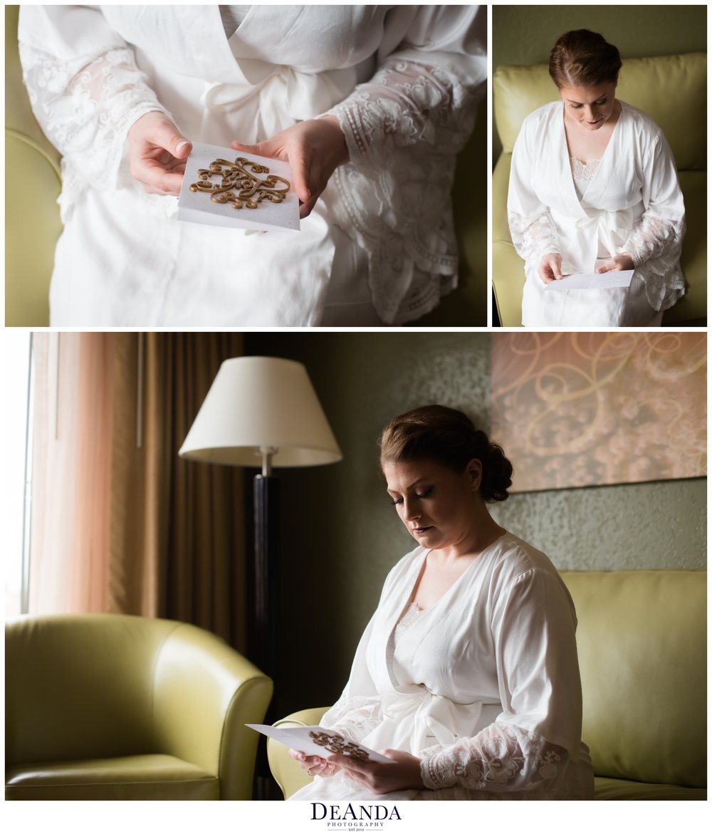 bride reading a letter from her bride to be at same sex wedding in illinois