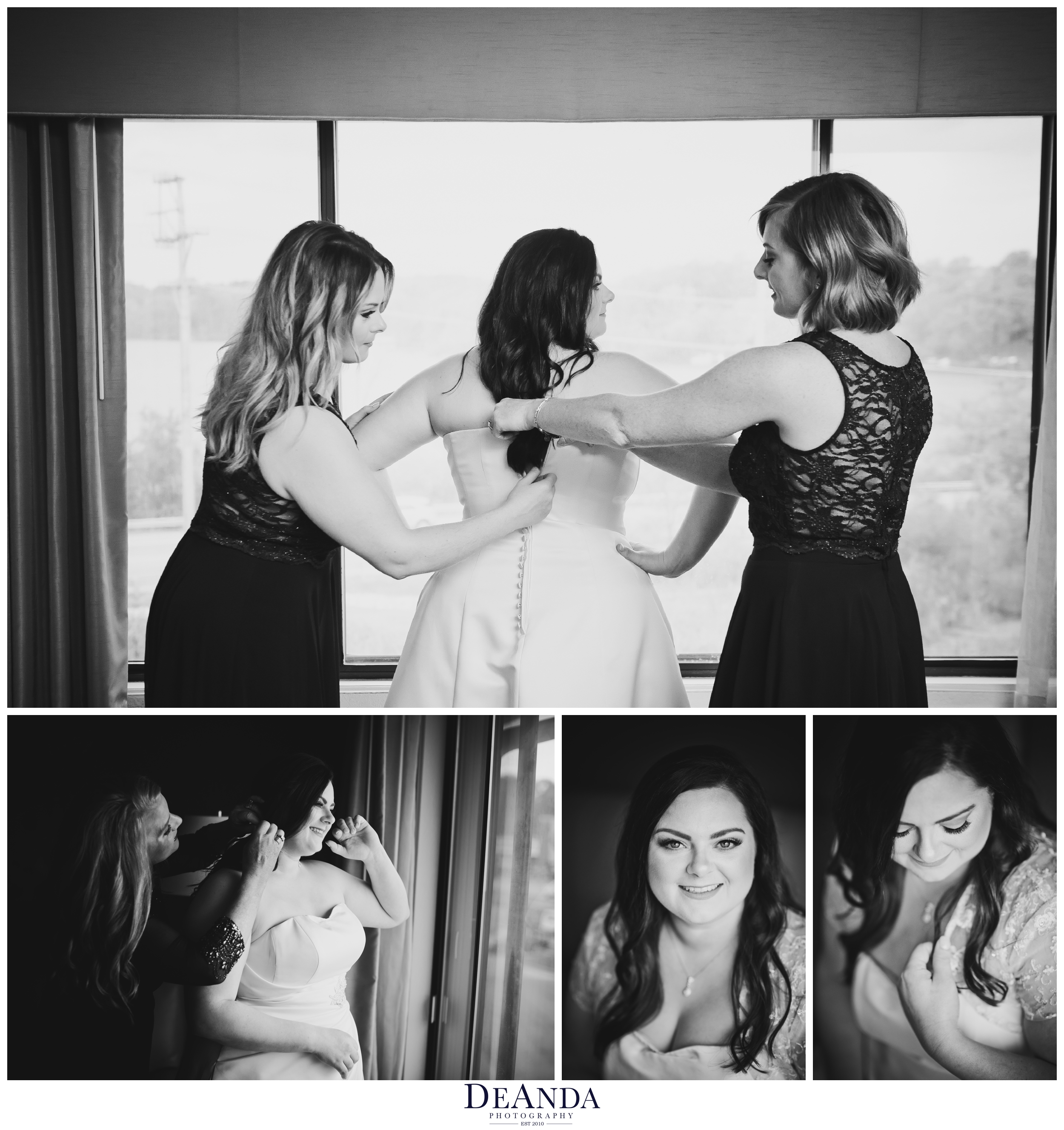 photo of bride getting ready in black and white in chicago