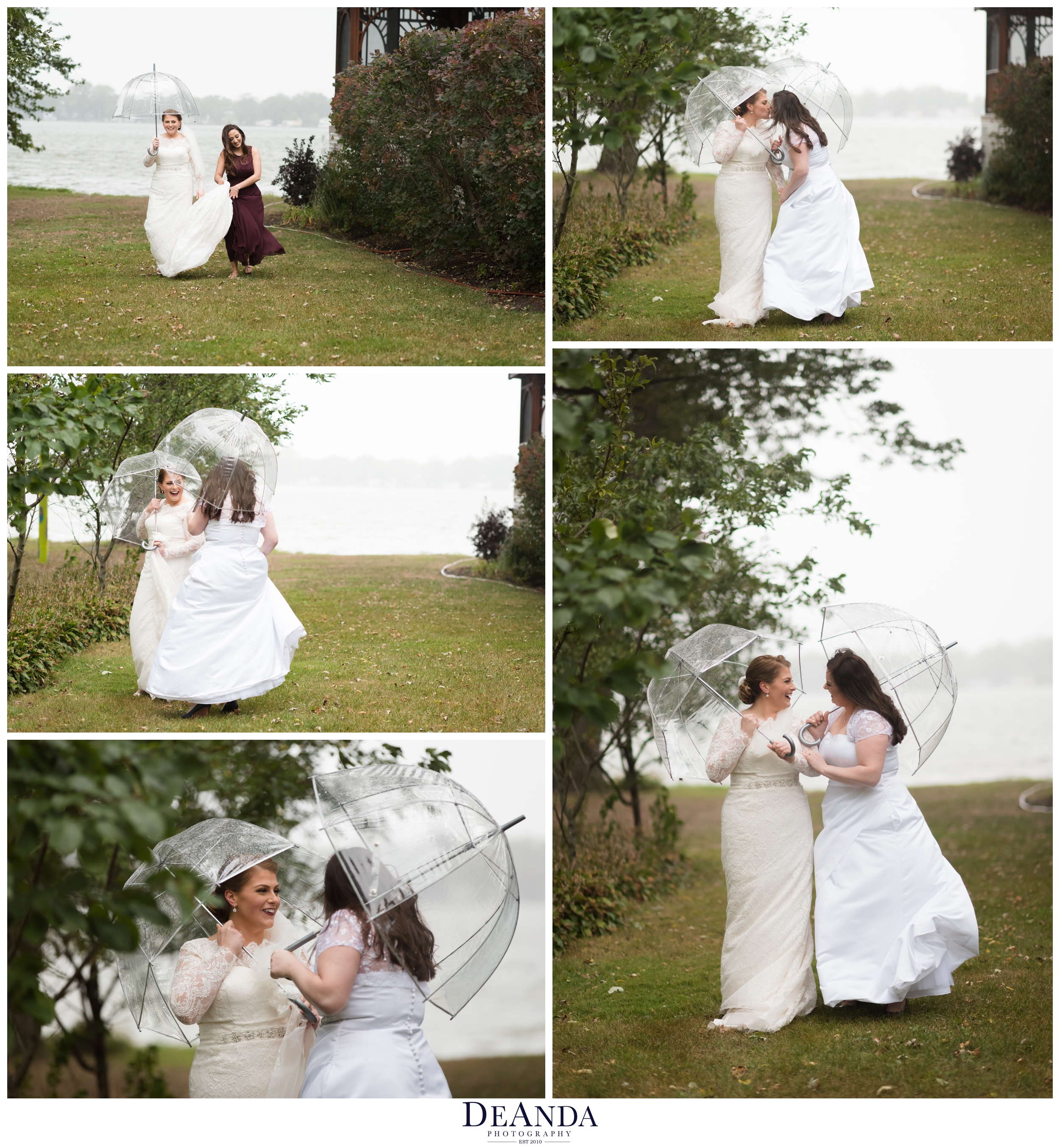 rainy first look in front of lake with umbrellas