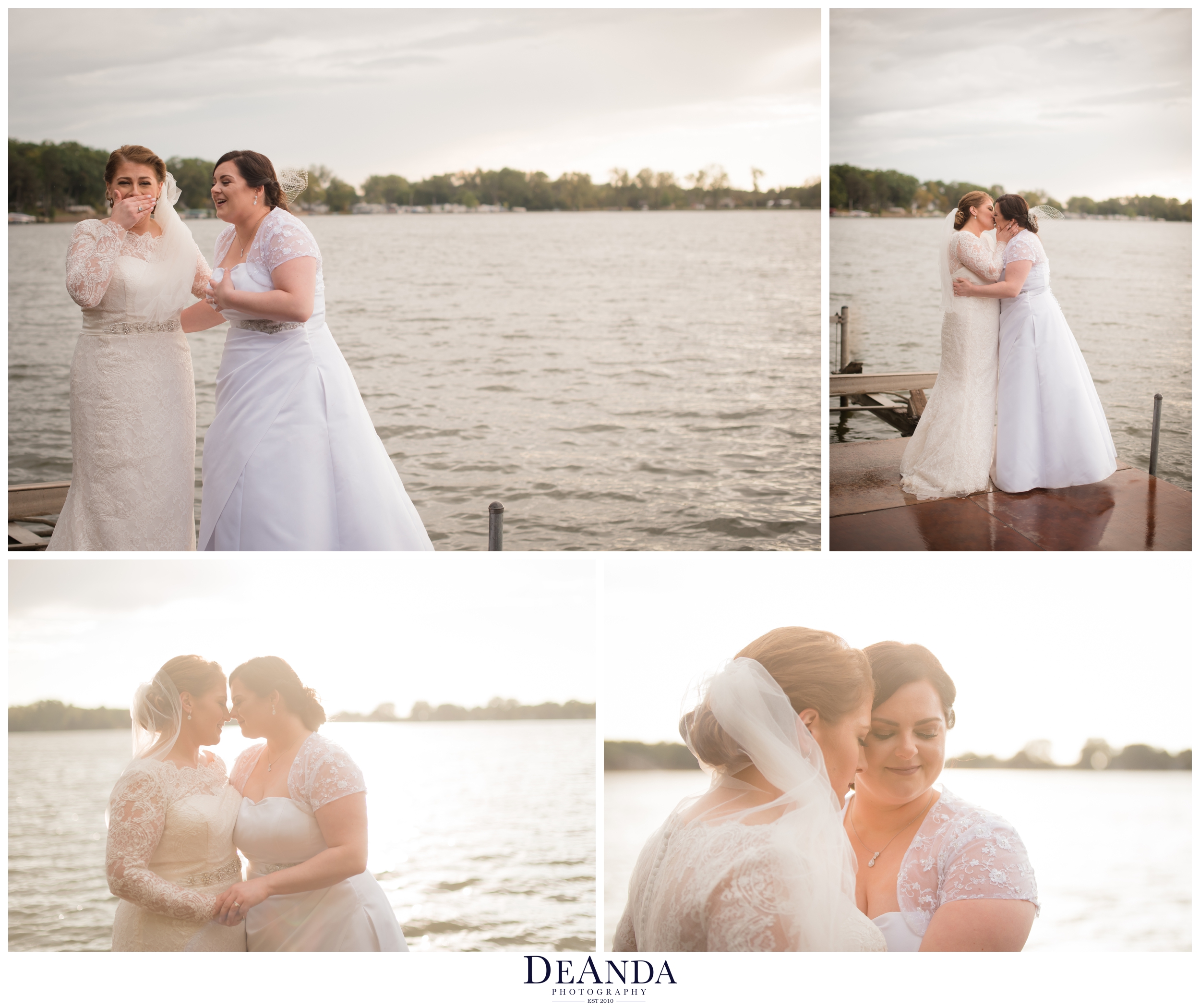 beautiful brides portrait of same sex couple on a lake pier over the water