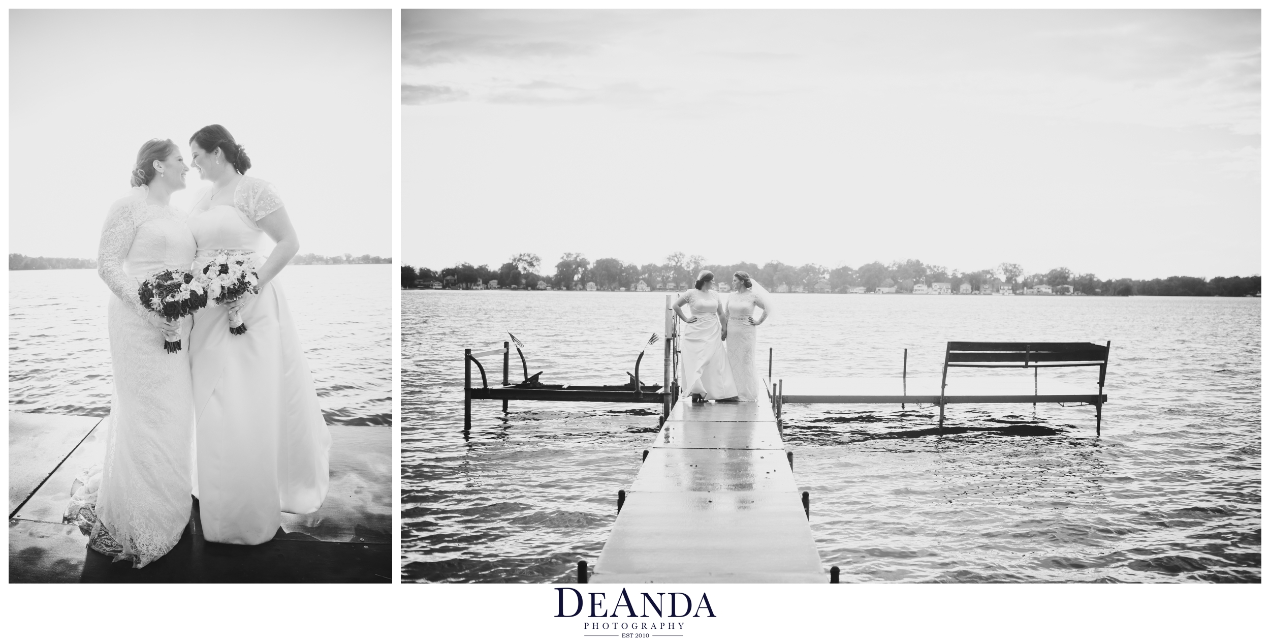 beautiful brides portrait of same sex couple on a lake pier over the water