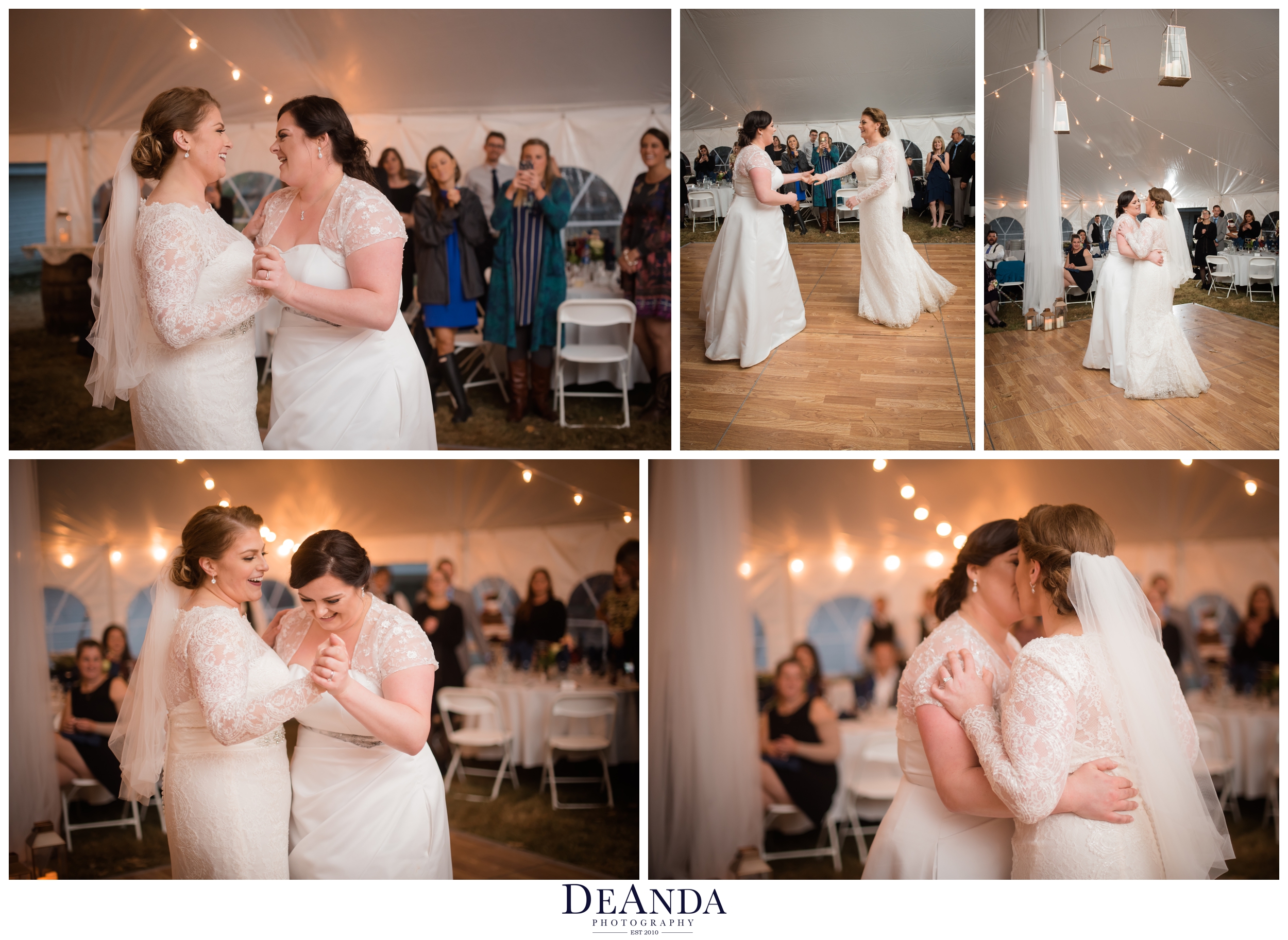 two brides having their first dance near chicago in a tent wedding