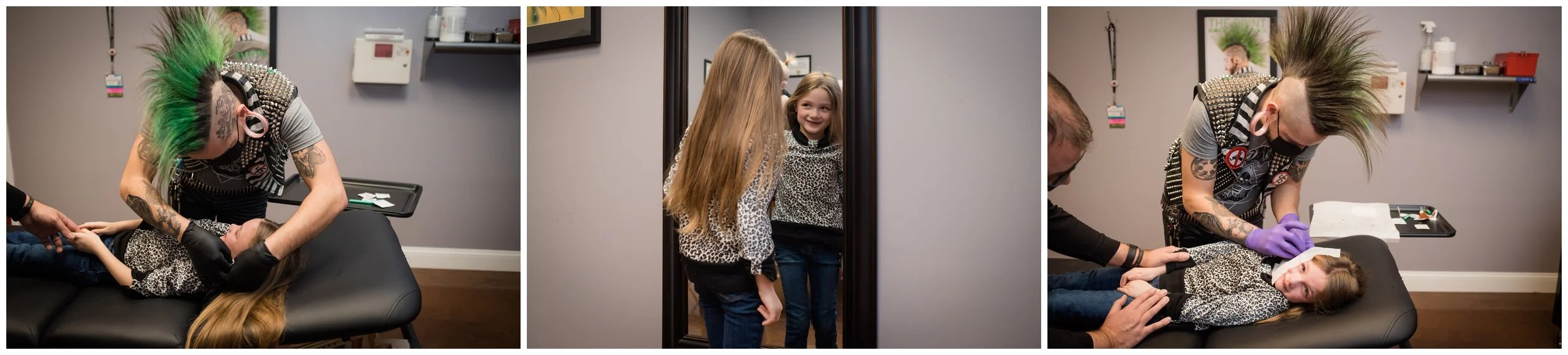  Ian marks her ears first, Jessyn checks out the placement in the mirror, then he sanitizes and pierces both earlobes