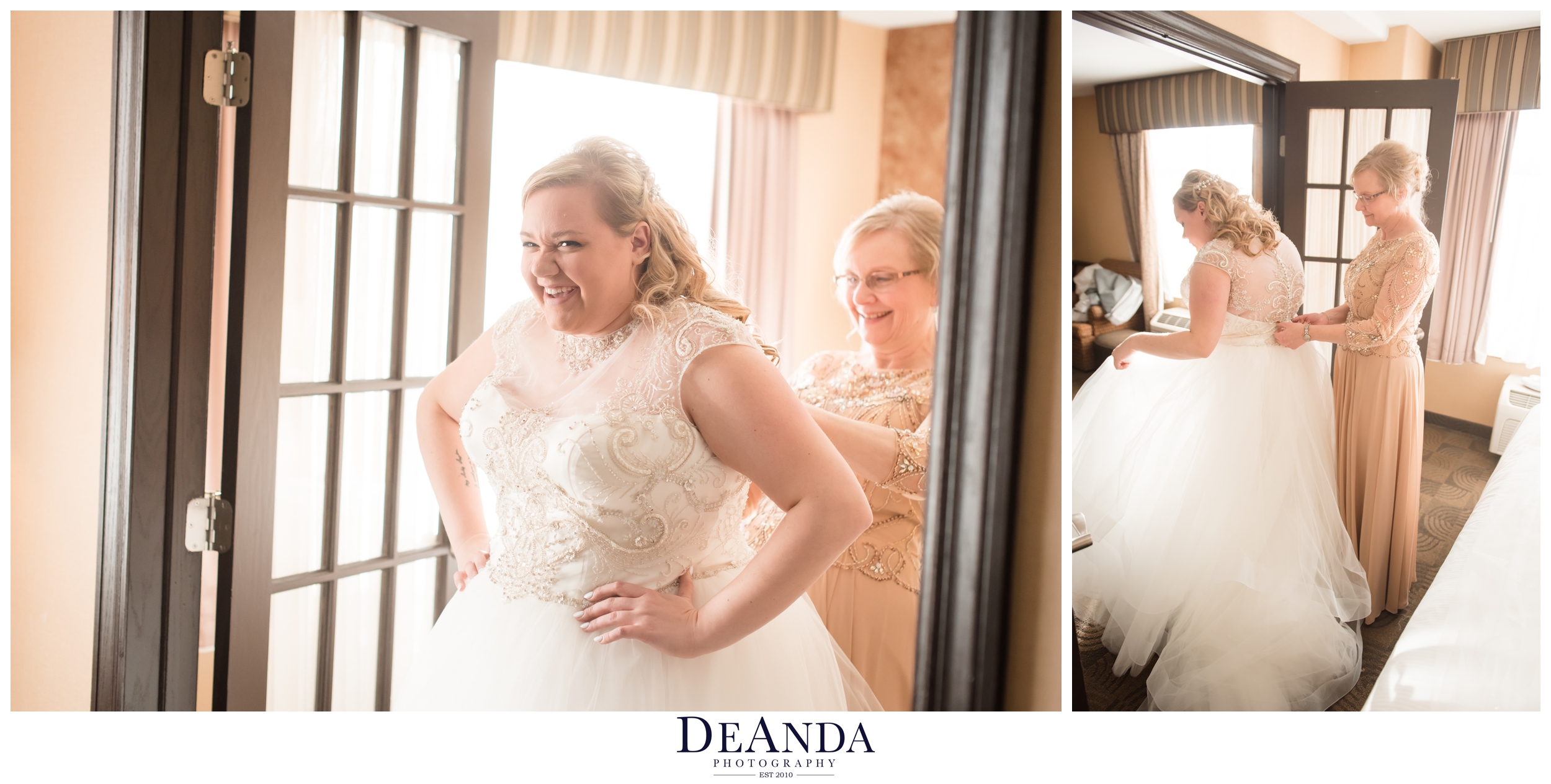bride getting her dress on with help from mom
