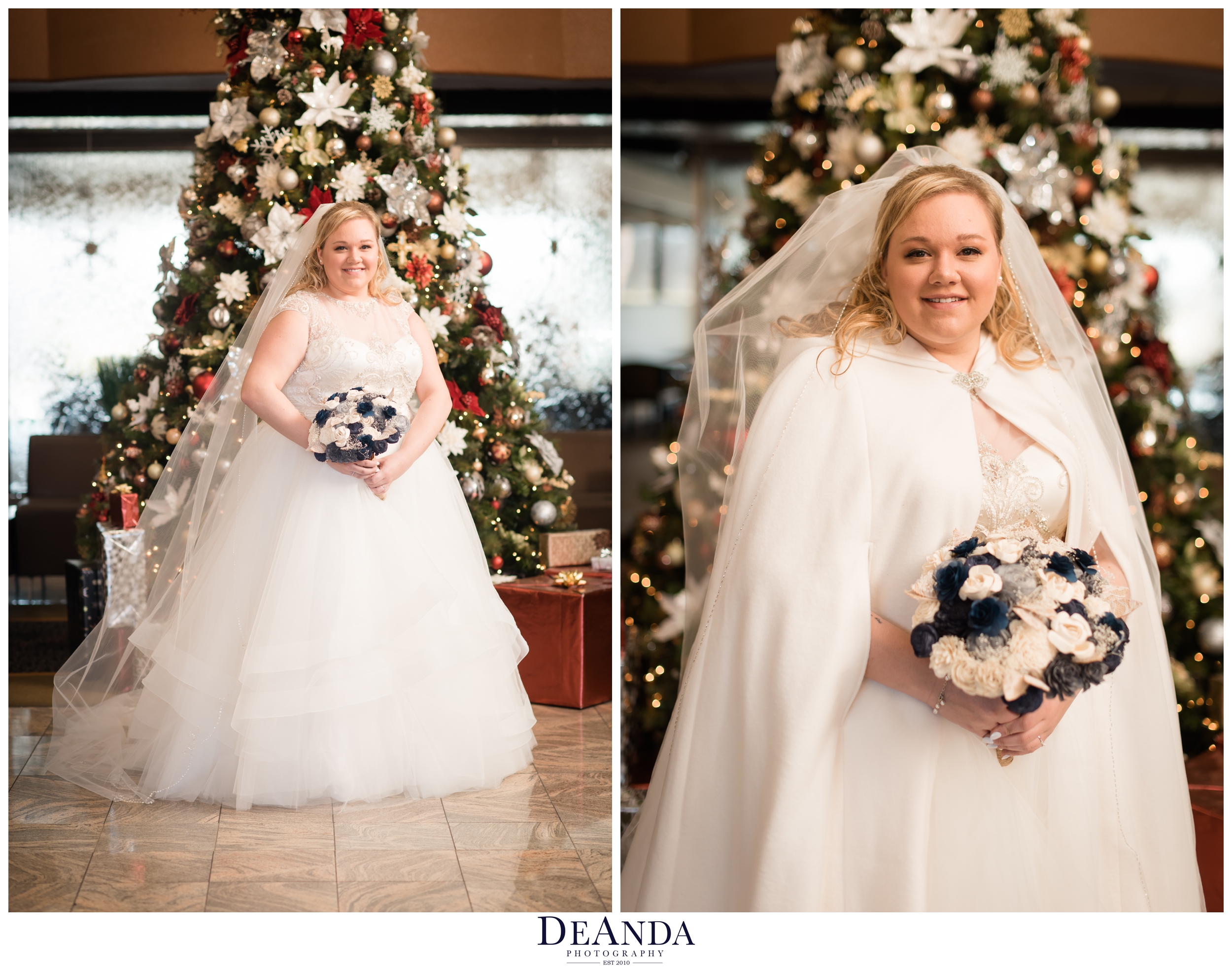 bridal portrait in front of christmas tree