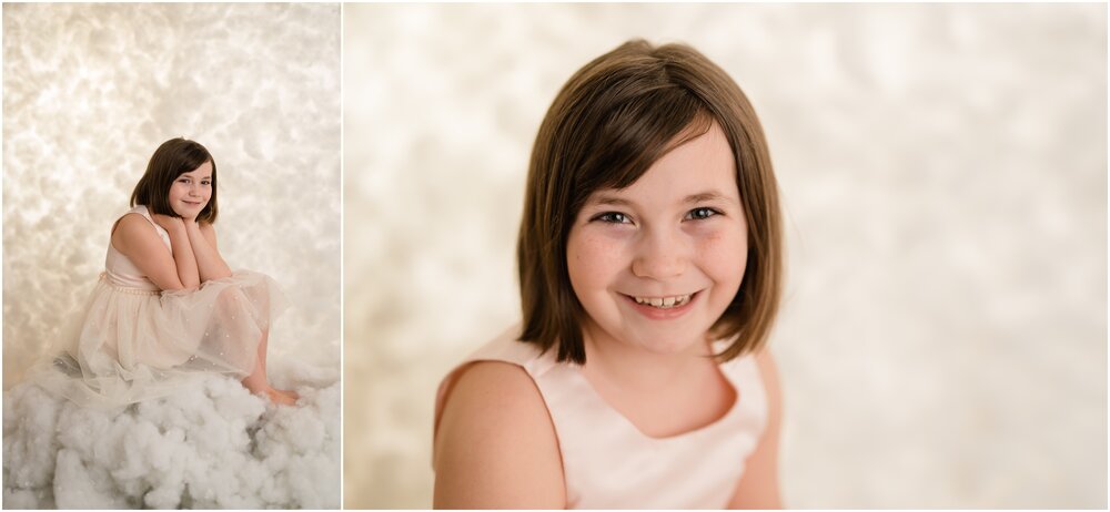 young girl in clouds for photoshoot