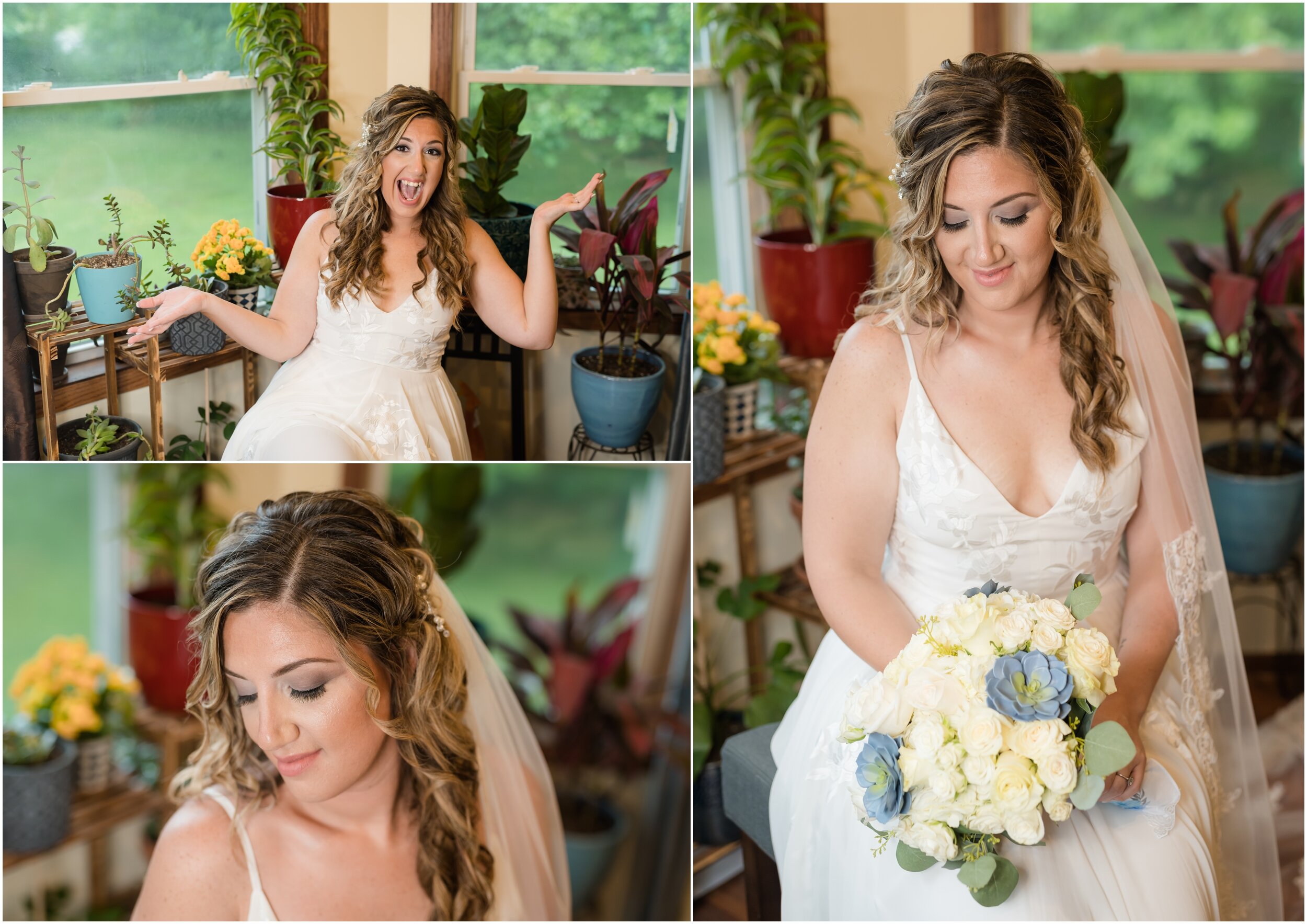 Bride prep in front of her plants