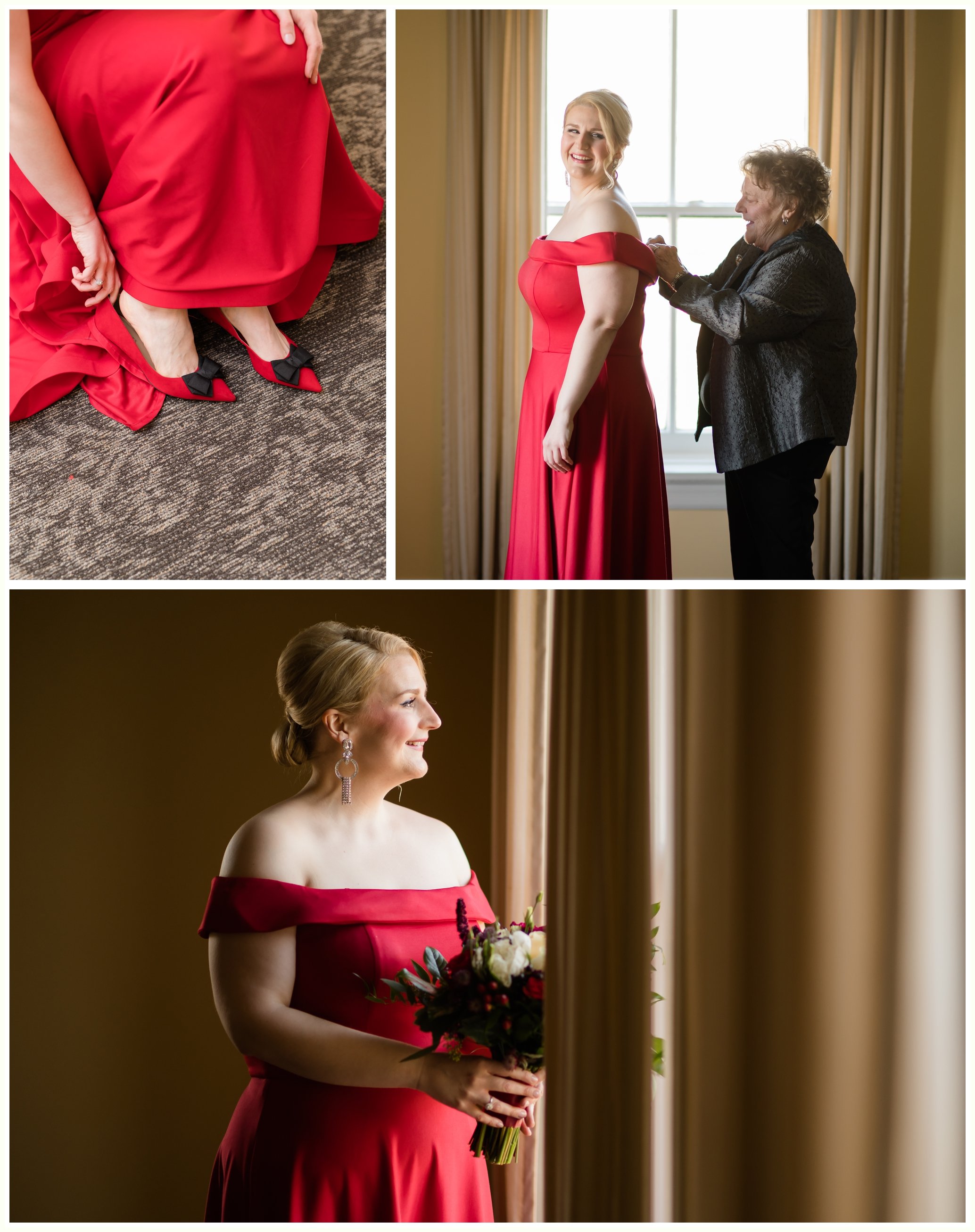 bride getting ready in red dress