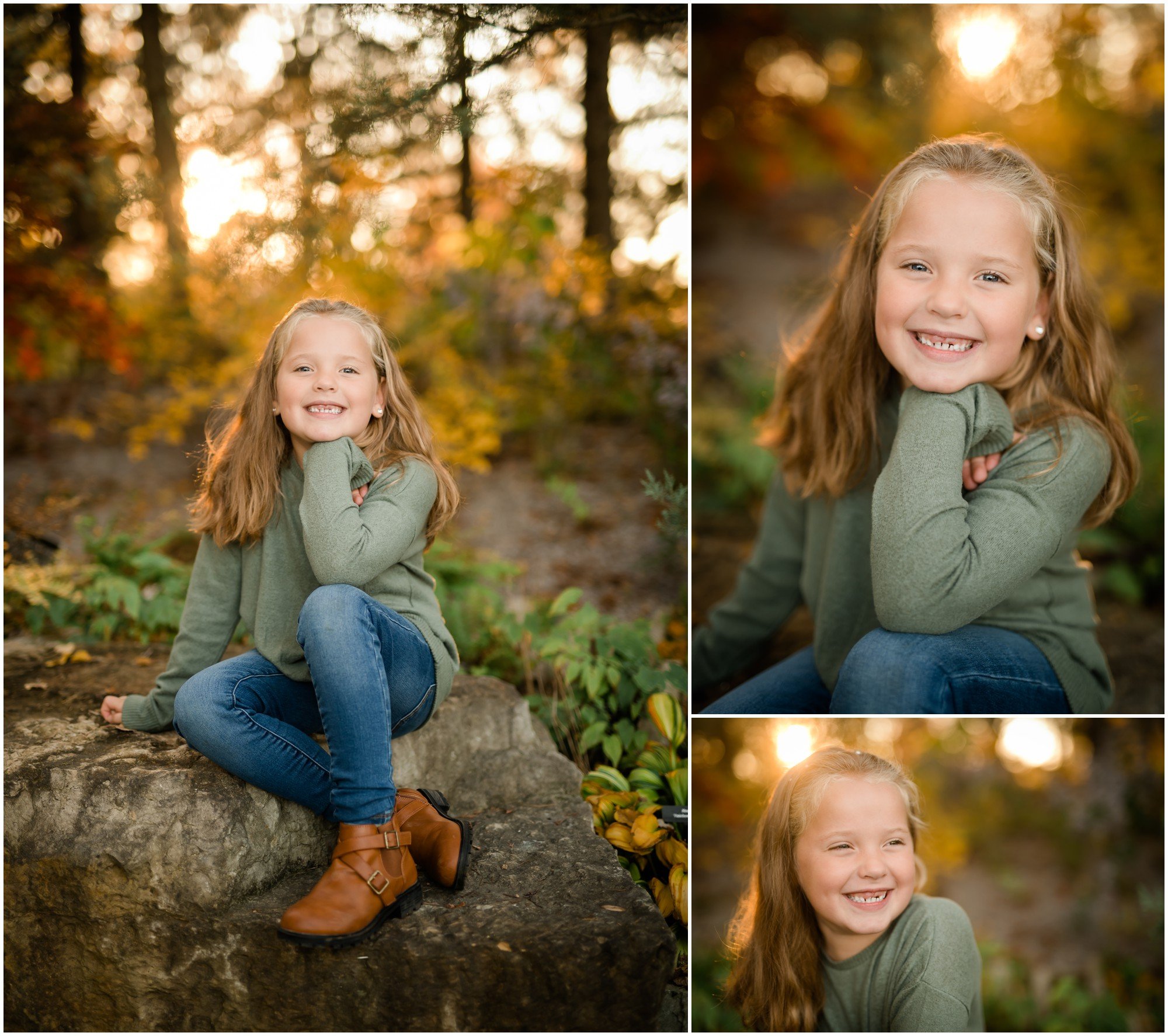 Girl in green and blue jeans on rock