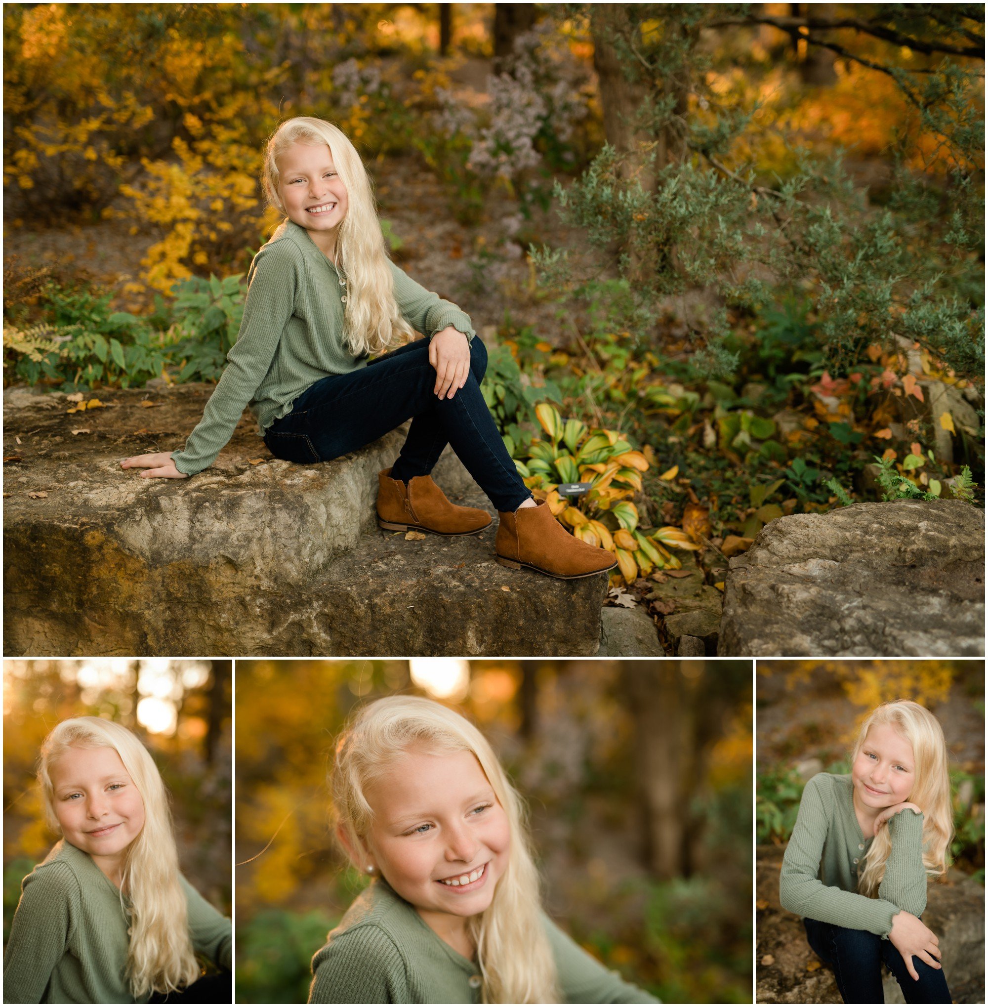 tween in green top and blue jeans at Cantigny