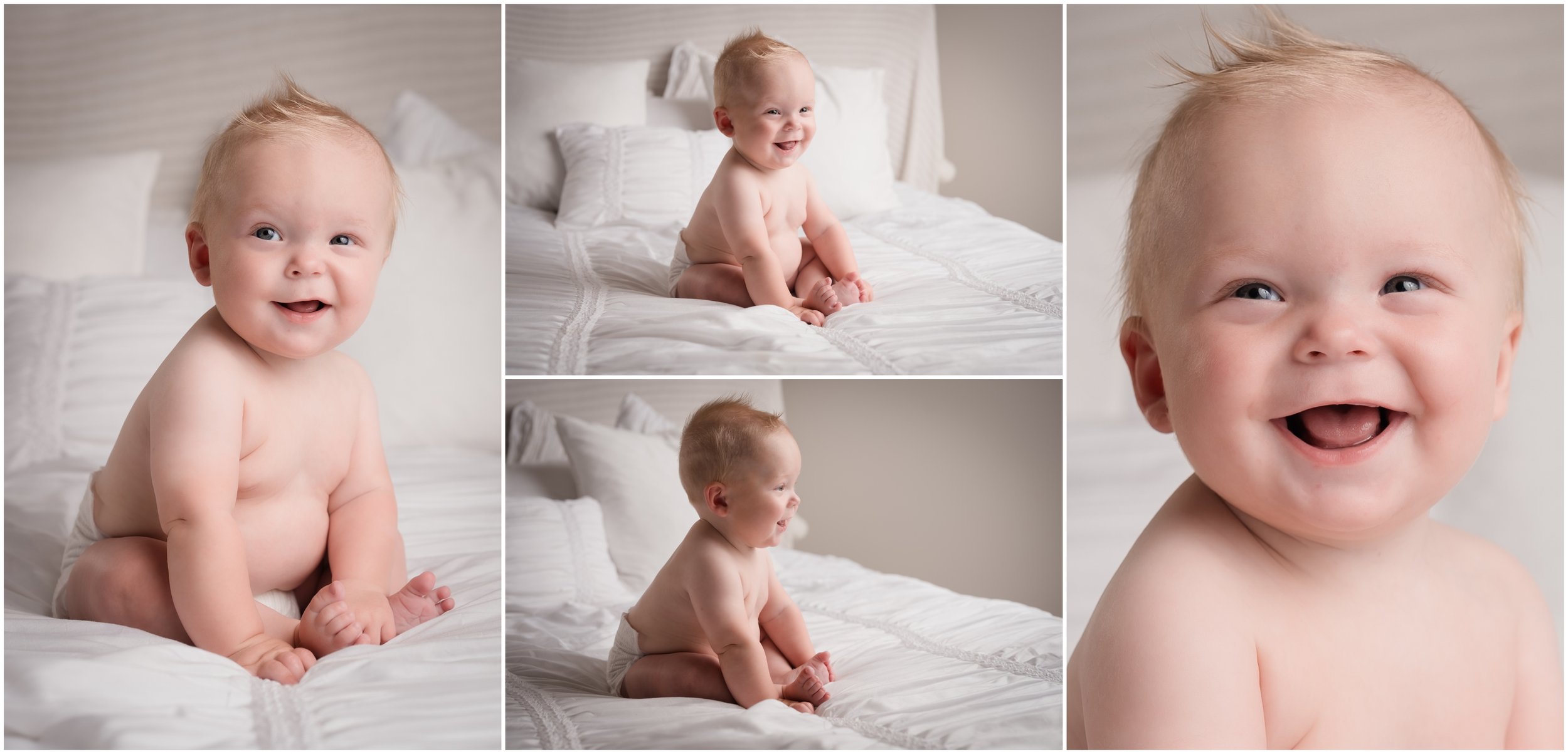 6 month baby session of baby in diaper on a bed