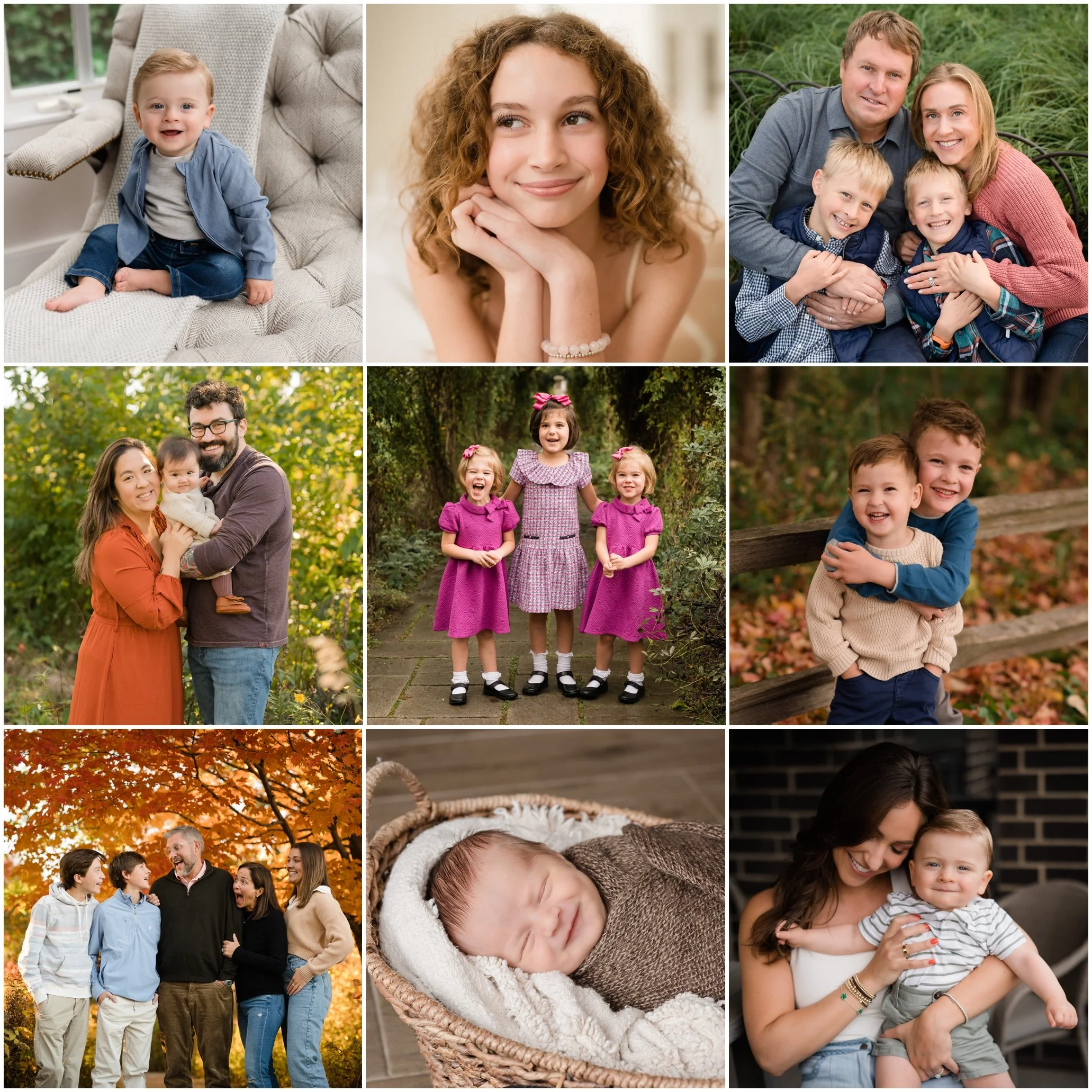 Collage of nine photos featuring various families and children in outdoor and indoor settings, including young children, siblings, parents, and a newborn baby.