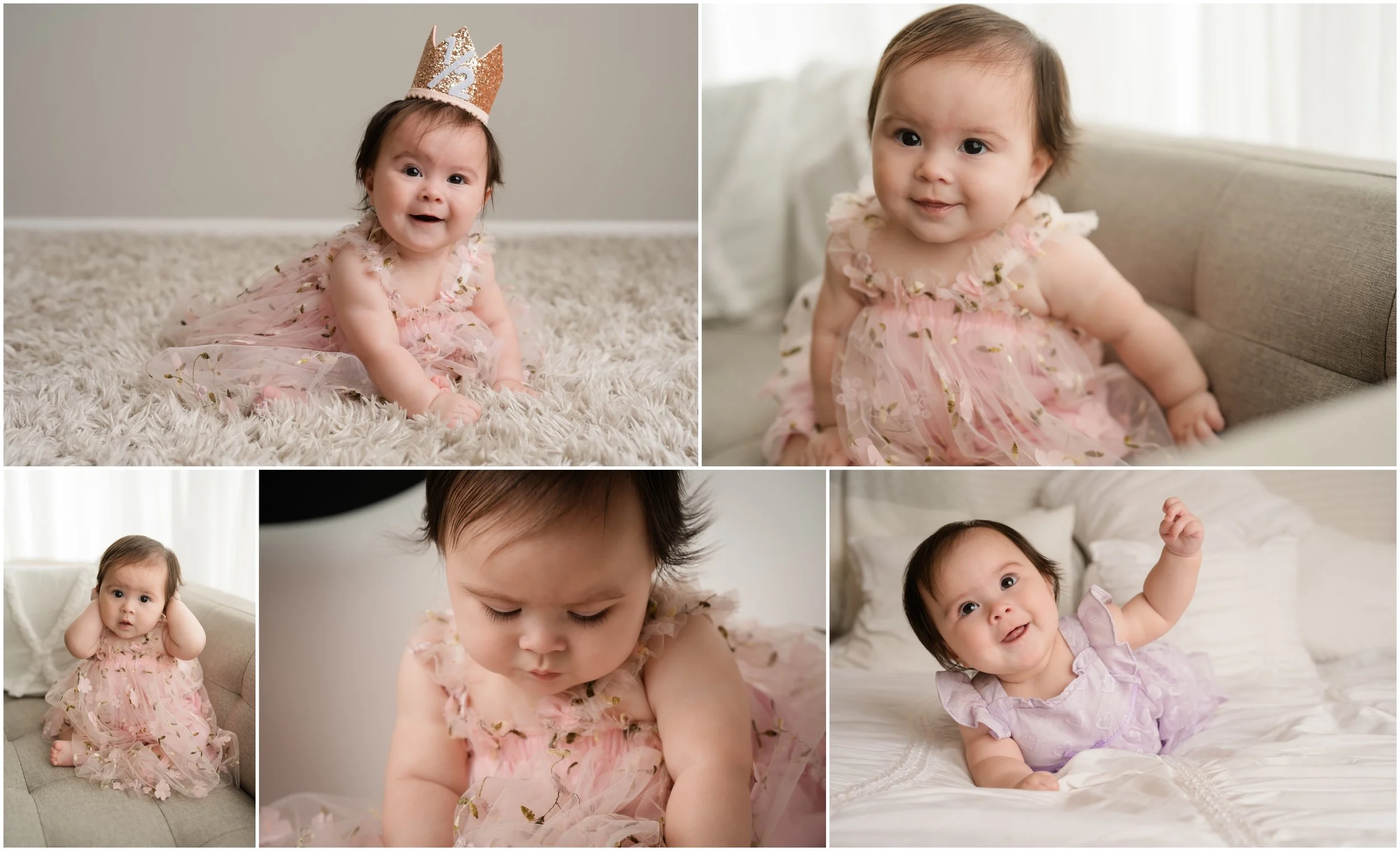 6 month session of little girl, one with her wearing a 1/2 birthday crown