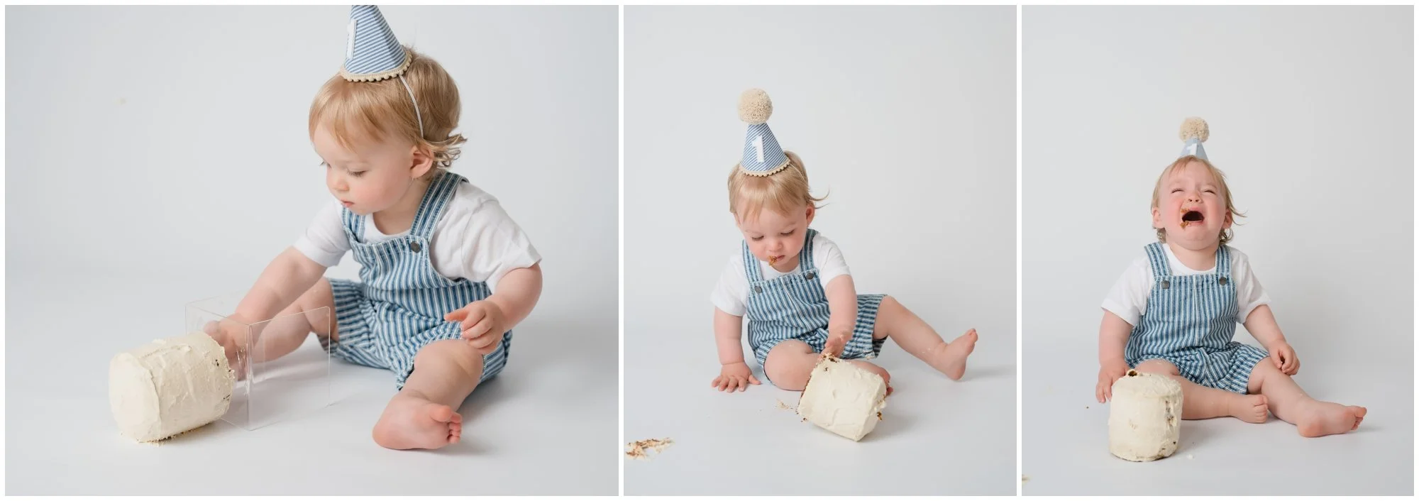 cute photos of baby having a smash cake in algonquin studio on white background with a simple cake