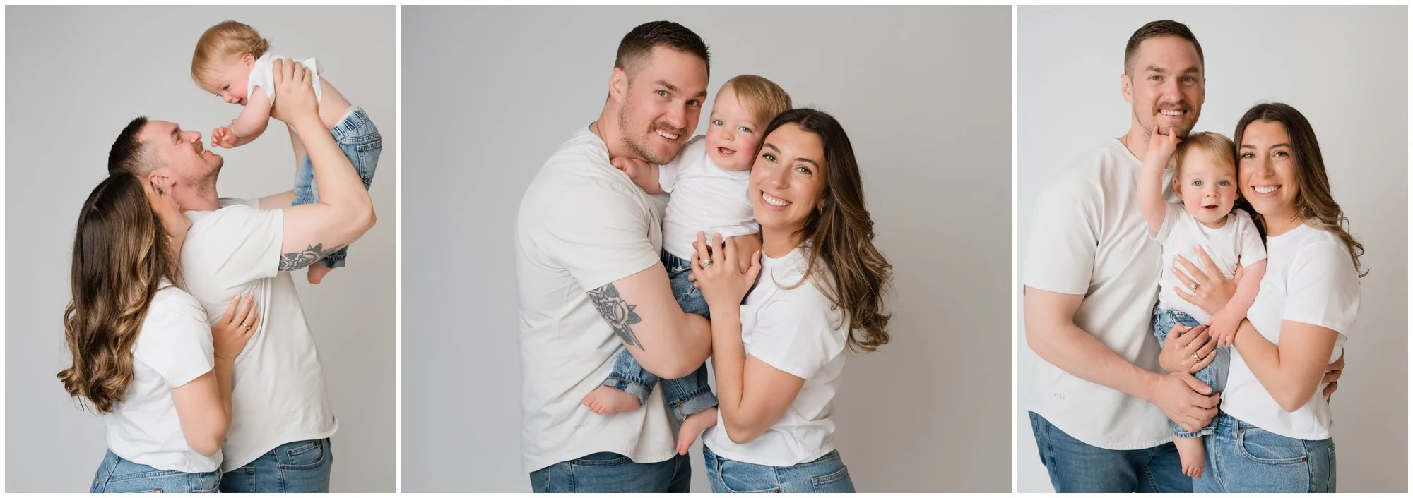 family photos in studio with a classic look, on white background, with 1 year old in Algonquin