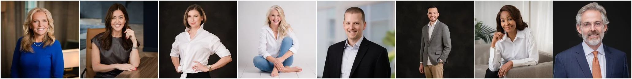 A collage of nine diverse professional individuals posing for portraits, wearing business attire, and smiling.