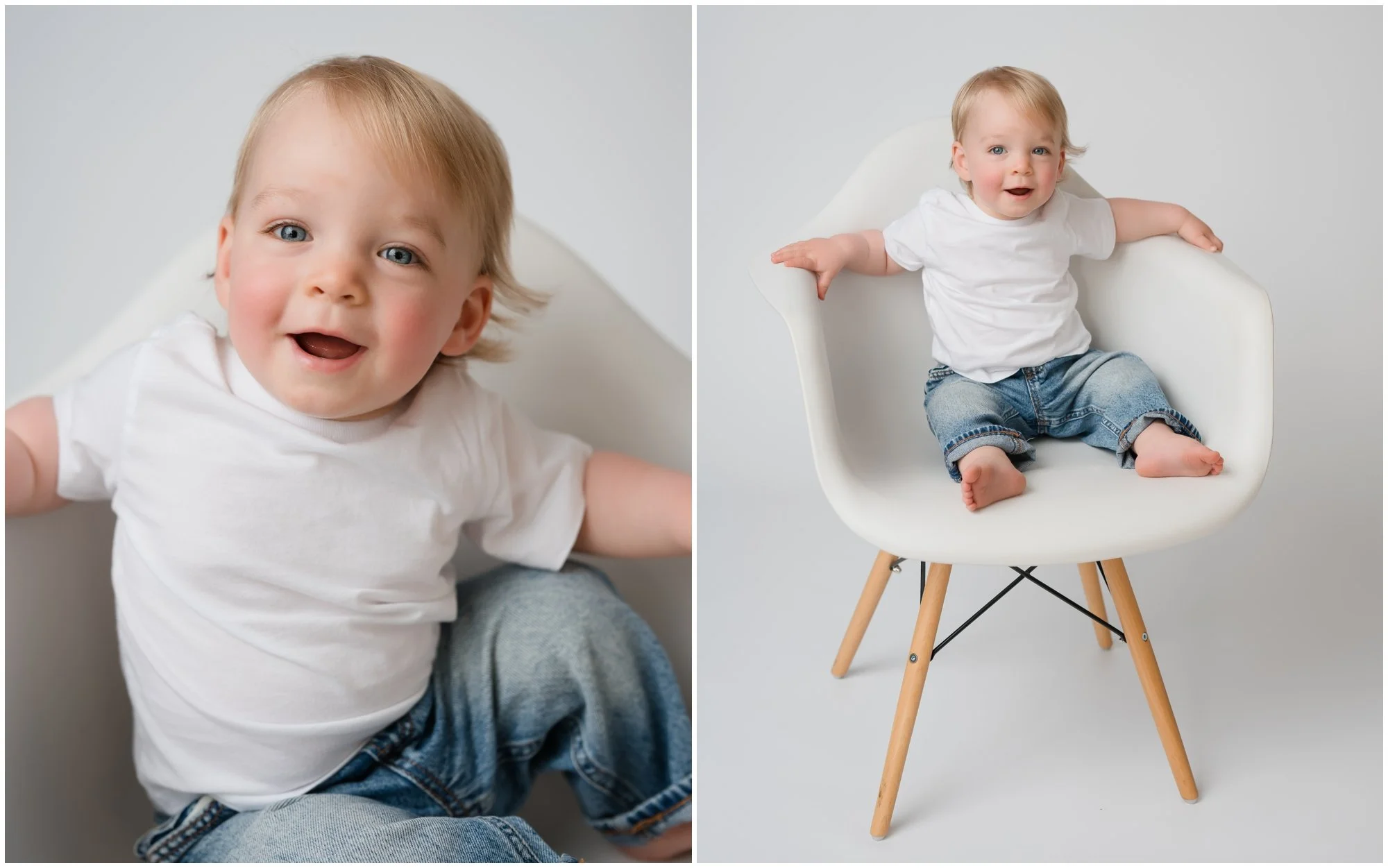 1 year old in chair at algonquin studio, with white background, wearing jeans and white tee-shirt
