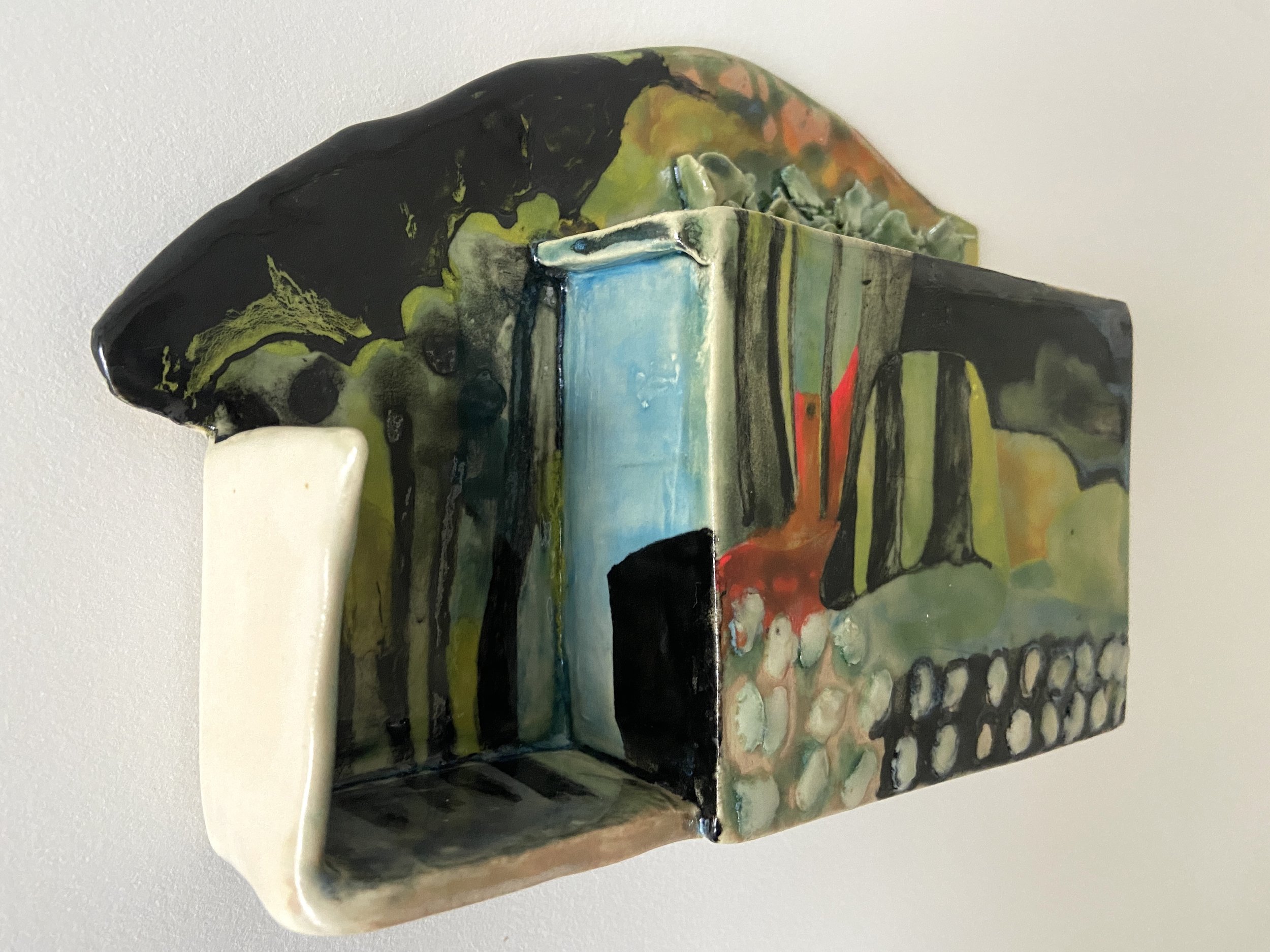  False Walls, 2022, glazed cone 6 ceramic stoneware clay painting with acrylic paint, 5.5x8.5x2” 