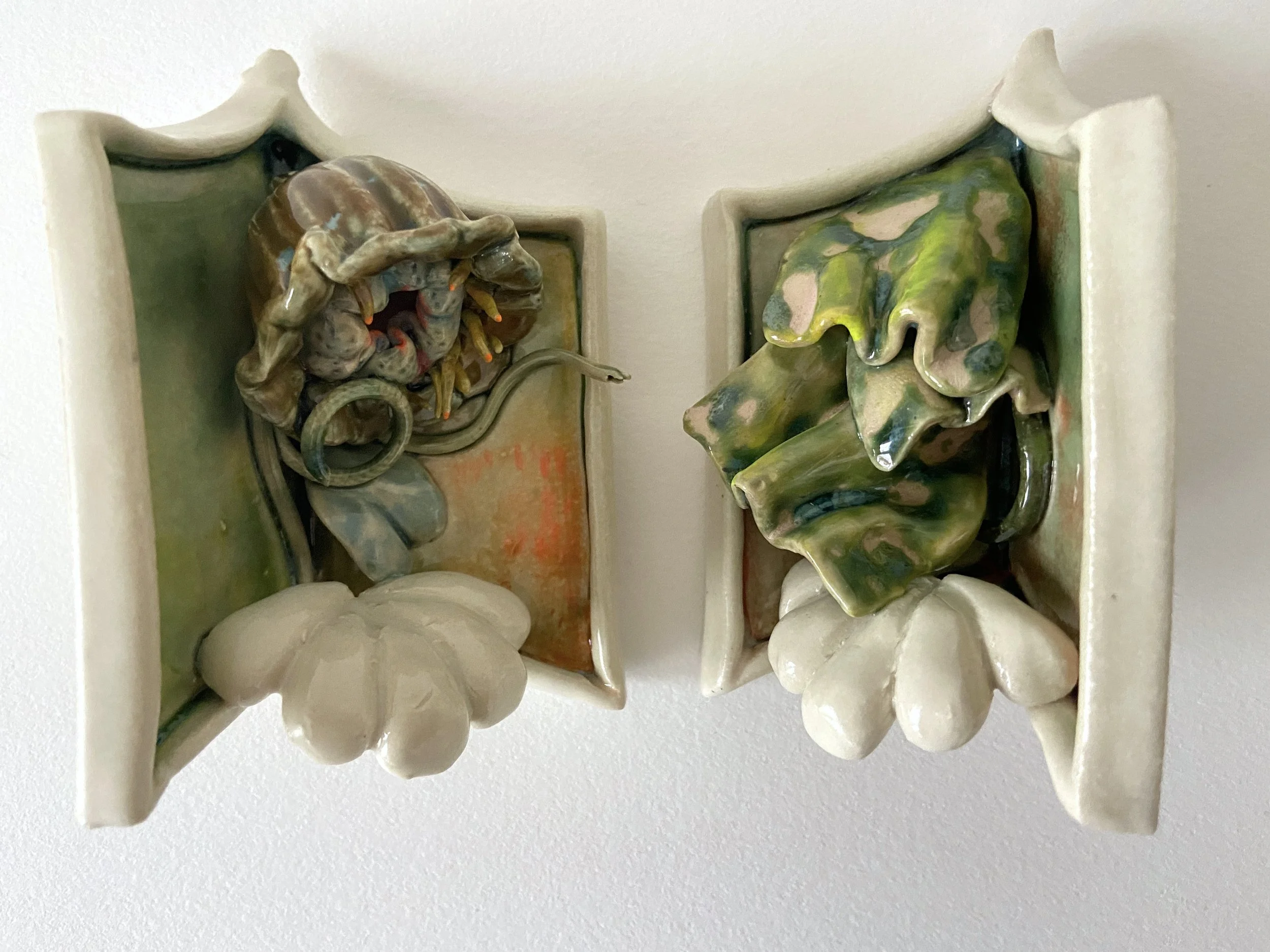  Garden diptych after Fletching Dish, 2022, glazed cone 6 ceramic stoneware with ink and acrylic paint, 4x5x2” 