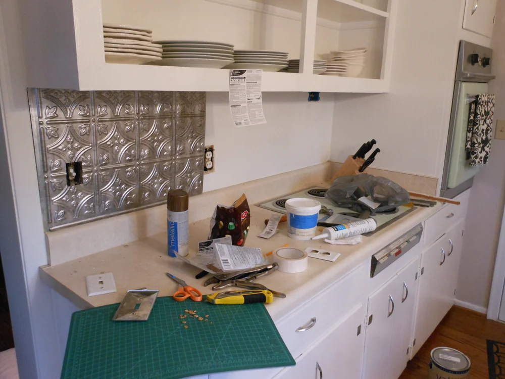 Inexpensive Faux Tin Backsplash — Elizabeth Burns Design ...