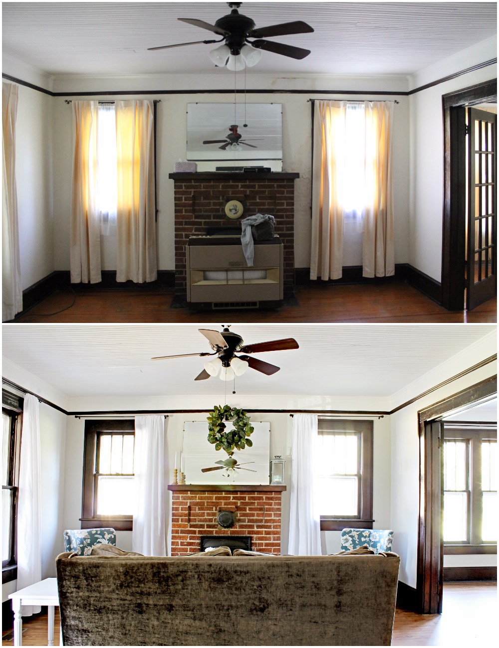 House Flipping Before and Afters - Living Room Budget Renovation Remodel, Wood Trim Paint Colors - Sherwin Williams Repose Gray (1).jpg