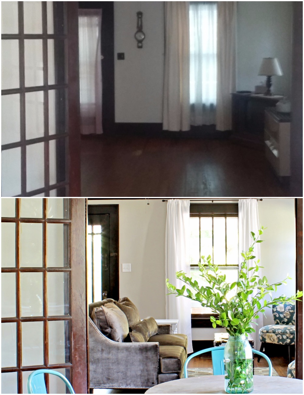 House Flipping Before and Afters - Living Room Budget Renovation Remodel, Wood Trim Paint Colors - Sherwin Williams Repose Gray (3).jpg