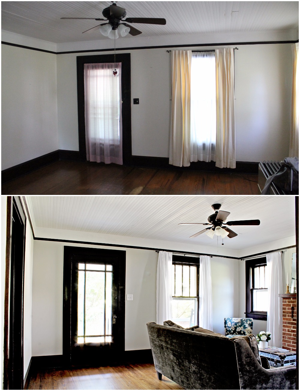 House Flipping Before and Afters - Living Room Budget Renovation Remodel, Wood Trim Paint Colors - Sherwin Williams Repose Gray (4).jpg