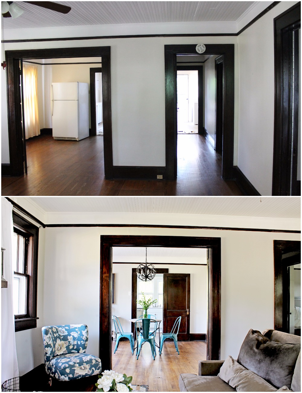 House Flipping Before and Afters - Living Room Budget Renovation Remodel, Wood Trim Paint Colors - Sherwin Williams Repose Gray (5).jpg
