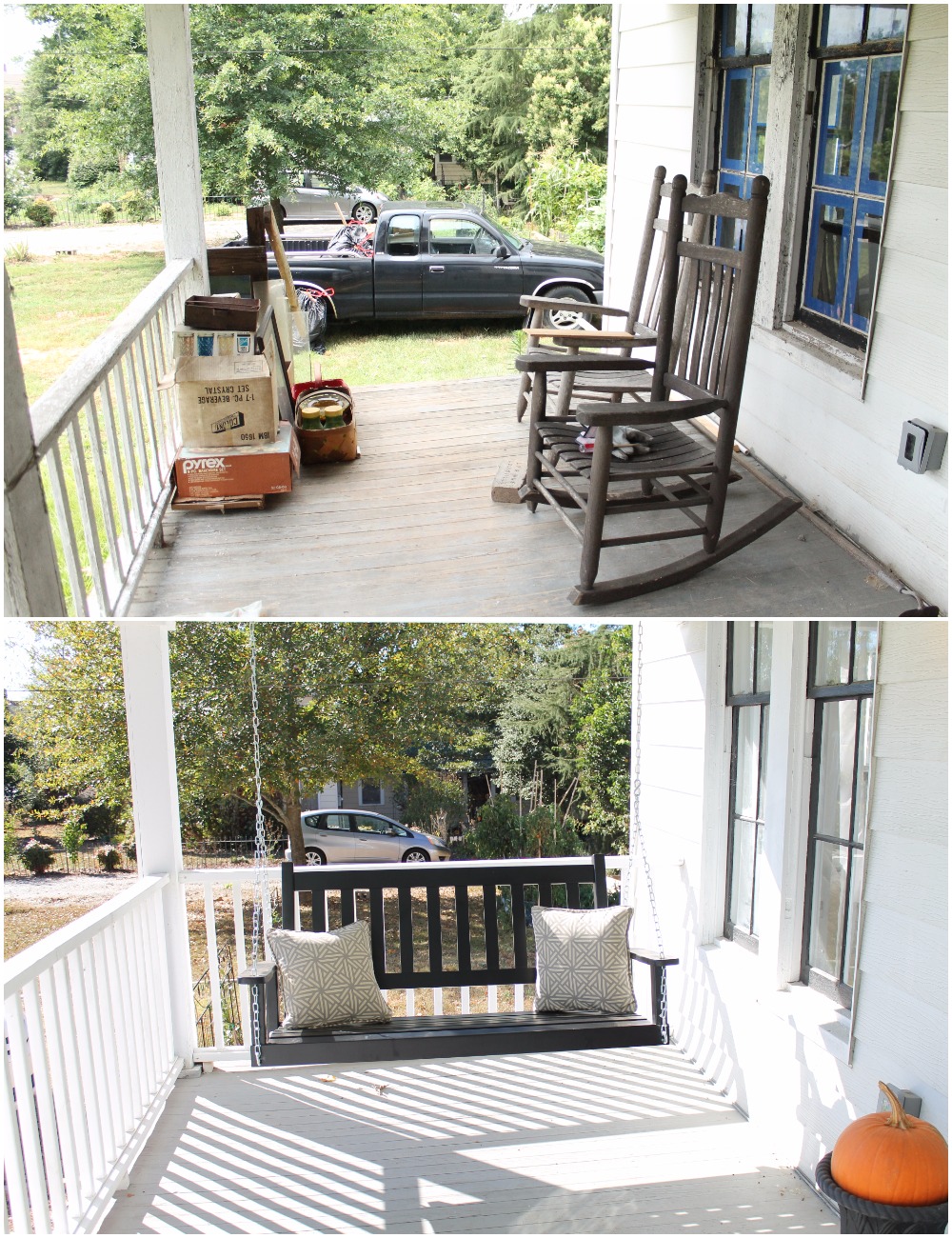 Elizabeth Burns Design Budget-Friendly Fixer Upper Farmhouse Before and After House Flip - DIY Curb Appeal White Farm House Cottage with Black Windows and Wide Front Steps to Front Porch - Wythe Blue .jpg