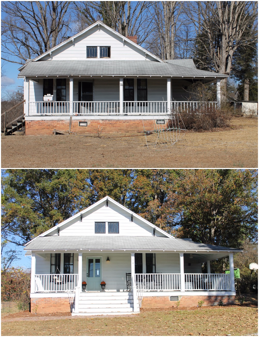 Elizabeth Burns Design  Budget-Friendly Fixer Upper Farmhouse Before and After House Flip - DIY Curb Appeal White Farm House Cottage with Black Windows and Wide Front Steps to Front Porch - Wythe Blue  (5).jpg