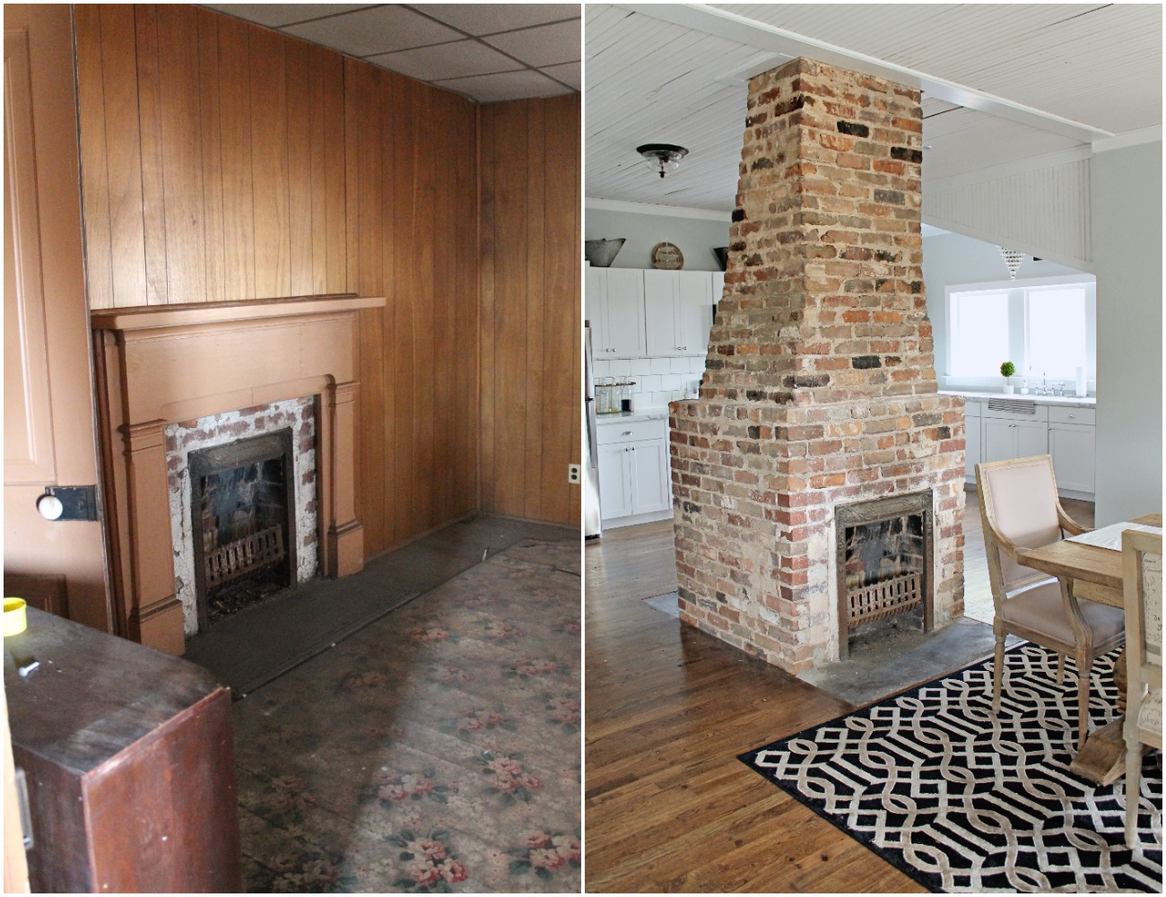 Elizabeth Burns Design  Budget-Friendly Fixer Upper Farmhouse Before and After House Flip - DIY Dining Room with Exposed Brick Fireplace - Sherwin Williams Silver Strand (2).jpg