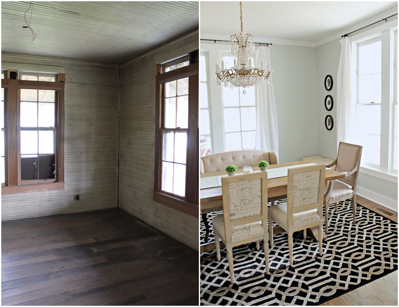 Elizabeth Burns Design  Budget-Friendly Fixer Upper Farmhouse Before and After House Flip - DIY Dining Room with Exposed Brick Fireplace - Sherwin Williams Silver Strand (4).jpg