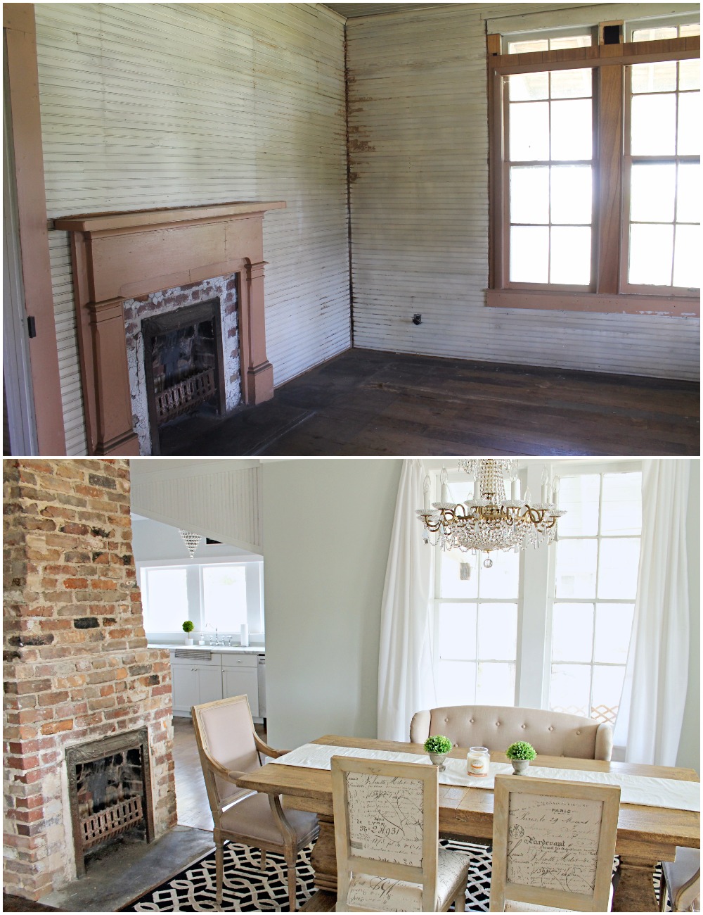 Elizabeth Burns Design  Budget-Friendly Fixer Upper Farmhouse Before and After House Flip - DIY Dining Room with Exposed Brick Fireplace - Sherwin Williams Silver Strand (5).jpg