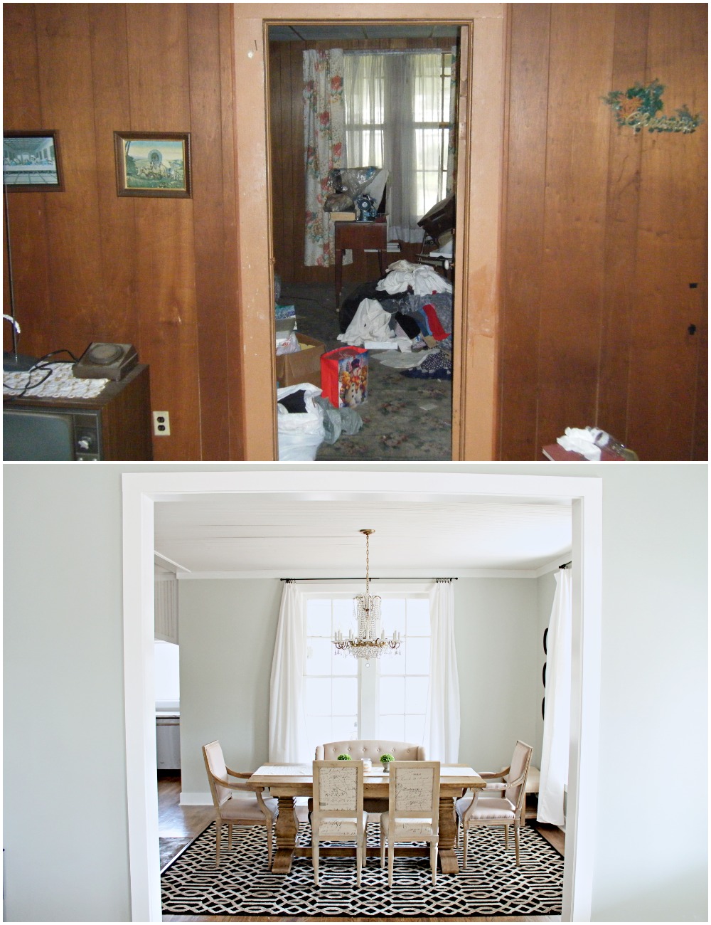 Elizabeth Burns Design  Budget-Friendly Fixer Upper Farmhouse Before and After House Flip - DIY Dining Room with Exposed Brick Fireplace - Sherwin Williams Silver Strand (6).jpg