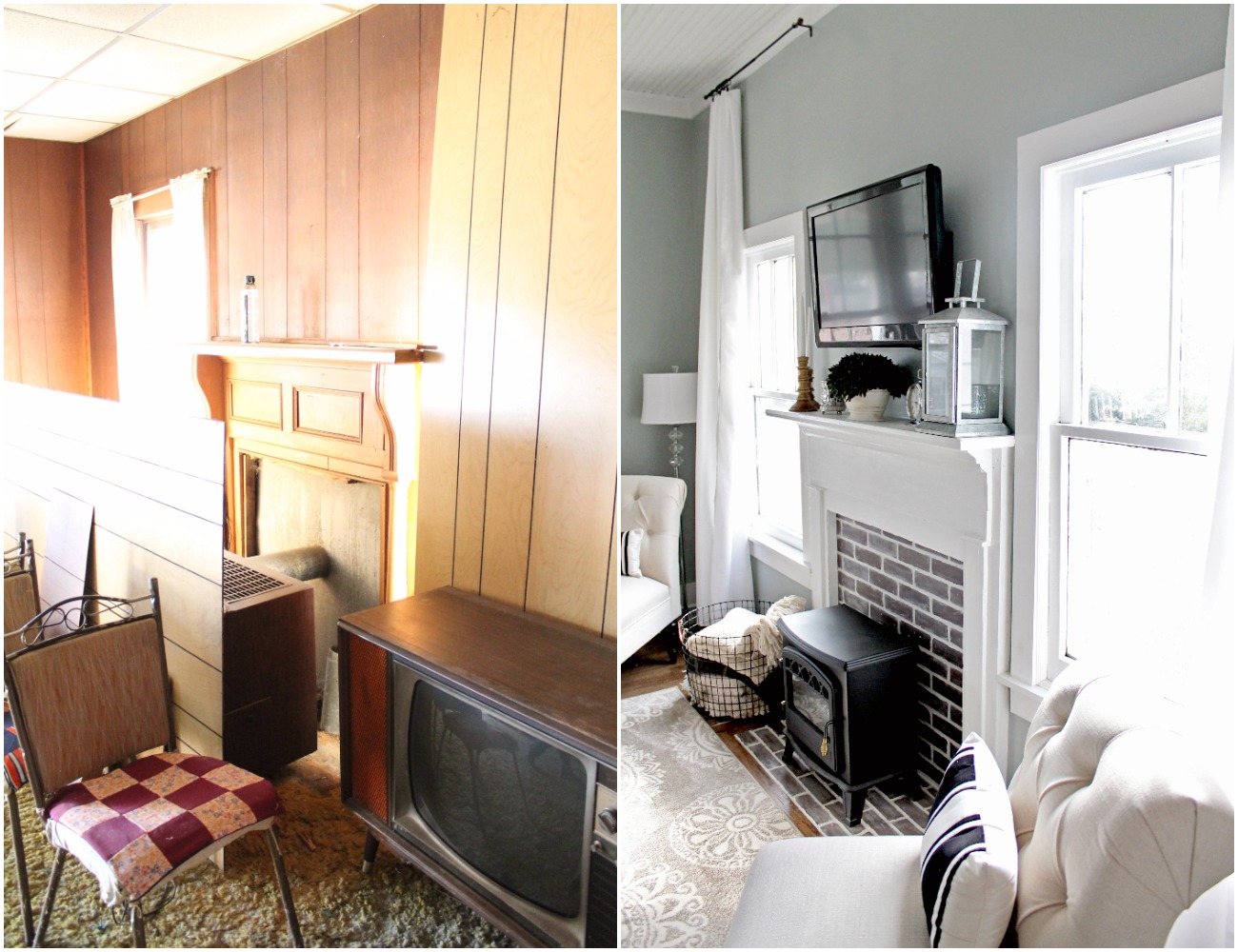 Elizabeth Burns Design  Budget-Friendly Fixer Upper Farmhouse Before and After House Flip - DIY Living Room with Faux Fireplace and French Doors - Sherwin Williams Magnetic Gray (8).jpg