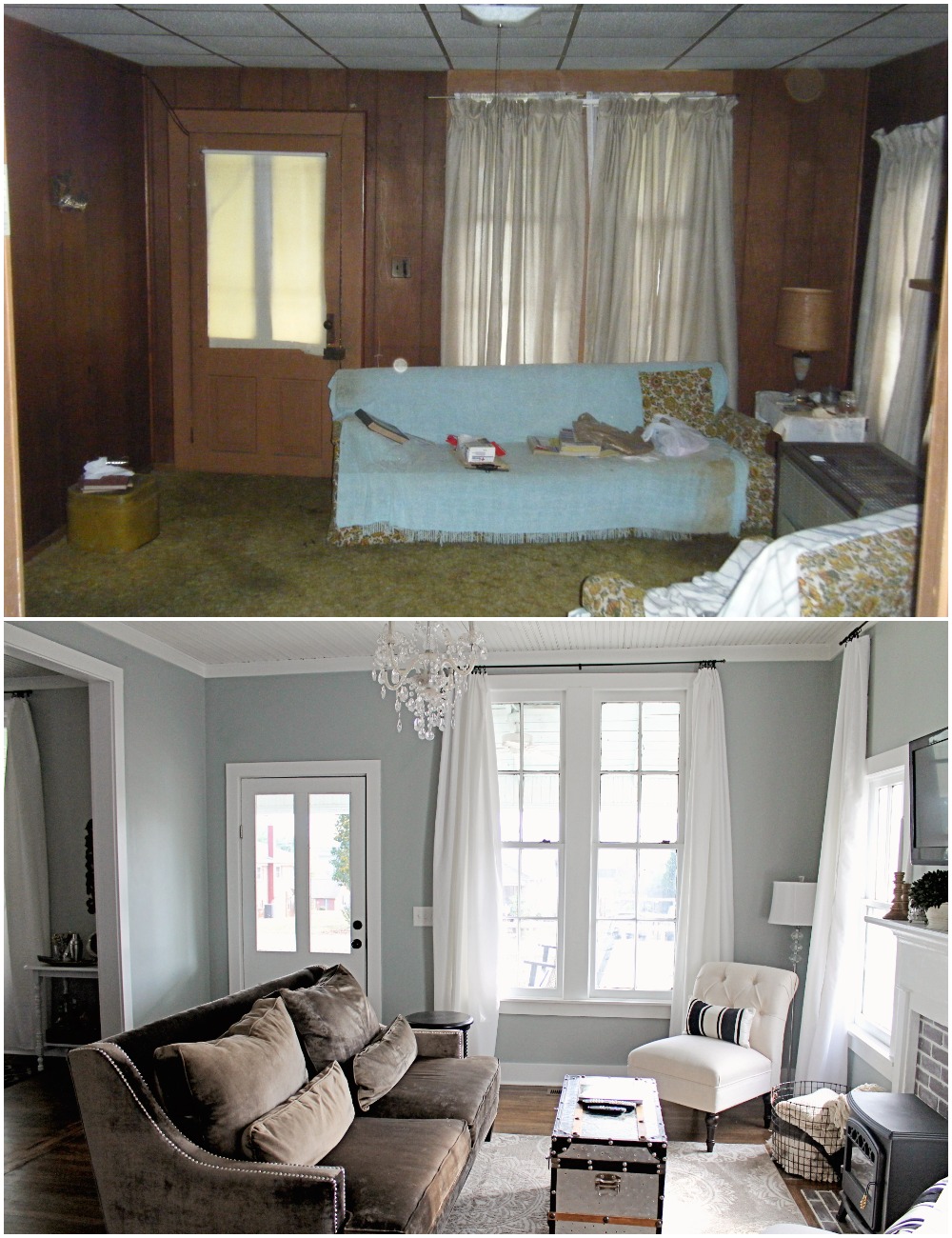 Elizabeth Burns Design  Budget-Friendly Fixer Upper Farmhouse Before and After House Flip - DIY Living Room with Faux Fireplace and French Doors - Sherwin Williams Magnetic Gray (6).jpg