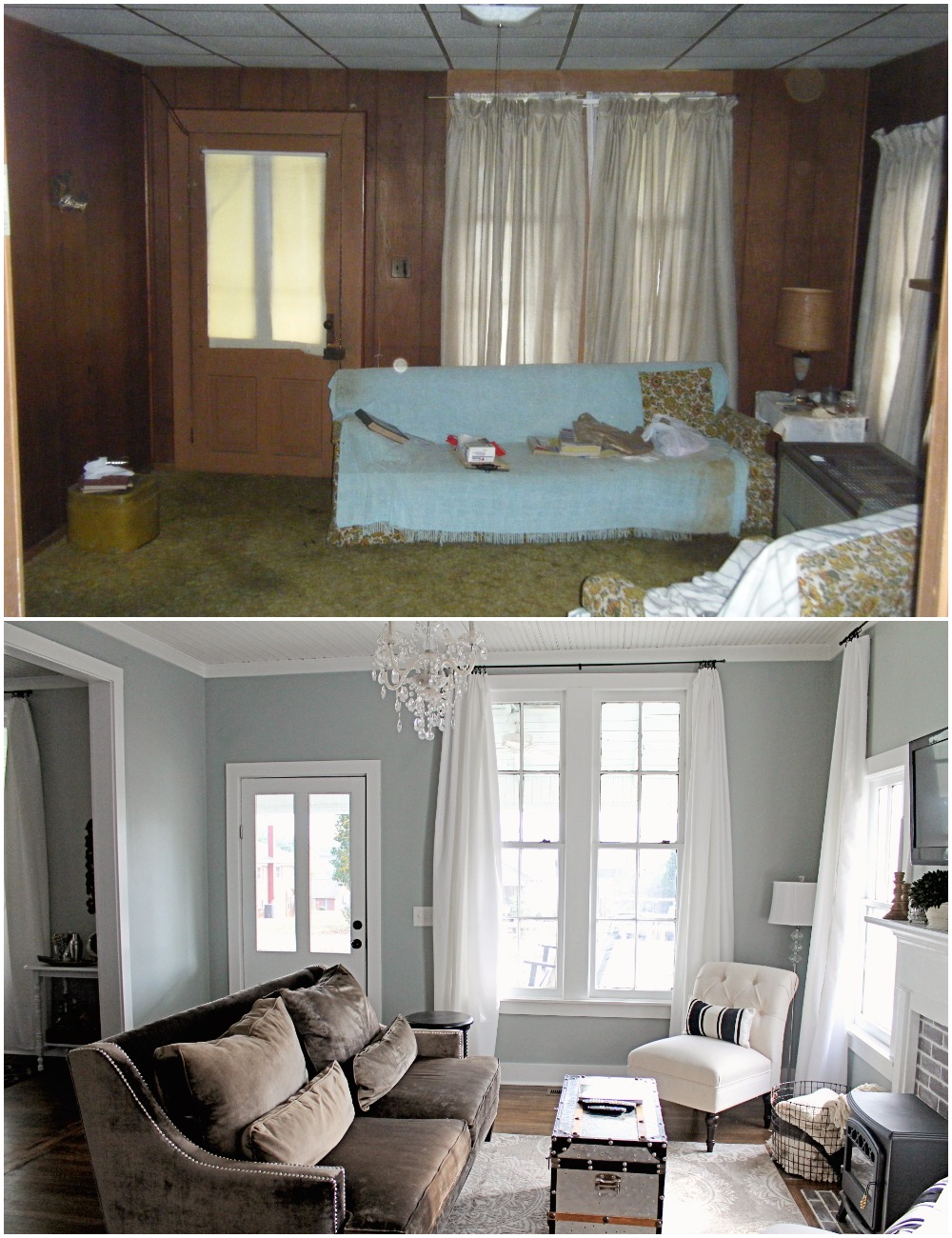 Elizabeth Burns Design Budget-Friendly Fixer Upper Farmhouse Before and After House Flip - DIY Living Room with Faux Fireplace and French Doors - Sherwin Williams Magnetic Gray (6).jpg