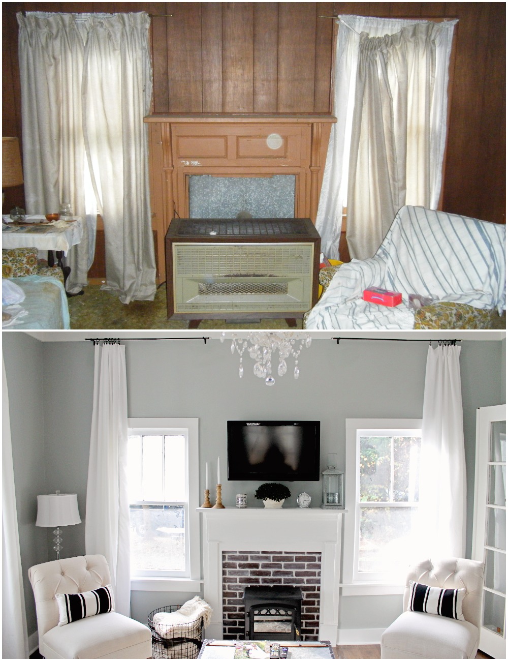 Elizabeth Burns Design  Budget-Friendly Fixer Upper Farmhouse Before and After House Flip - DIY Living Room with Faux Fireplace and French Doors - Sherwin Williams Magnetic Gray (5).jpg