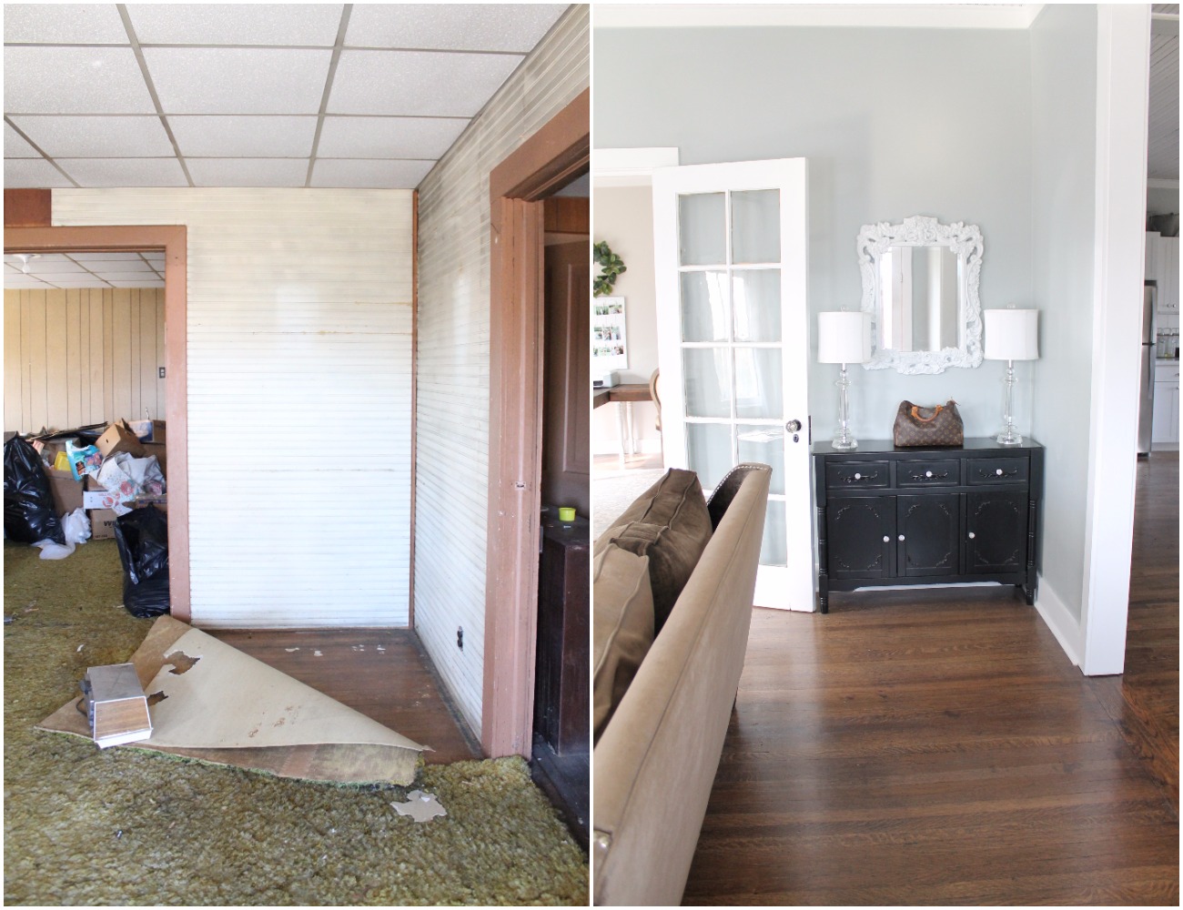 Elizabeth Burns Design  Budget-Friendly Fixer Upper Farmhouse Before and After House Flip - DIY Living Room with Faux Fireplace and French Doors - Sherwin Williams Magnetic Gray (4).jpg