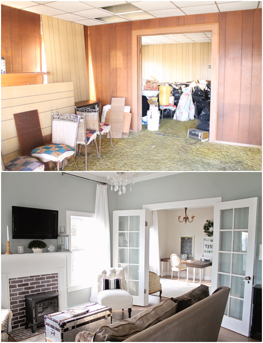 Elizabeth Burns Design  Budget-Friendly Fixer Upper Farmhouse Before and After House Flip - DIY Living Room with Faux Fireplace and French Doors - Sherwin Williams Magnetic Gray (1).jpg