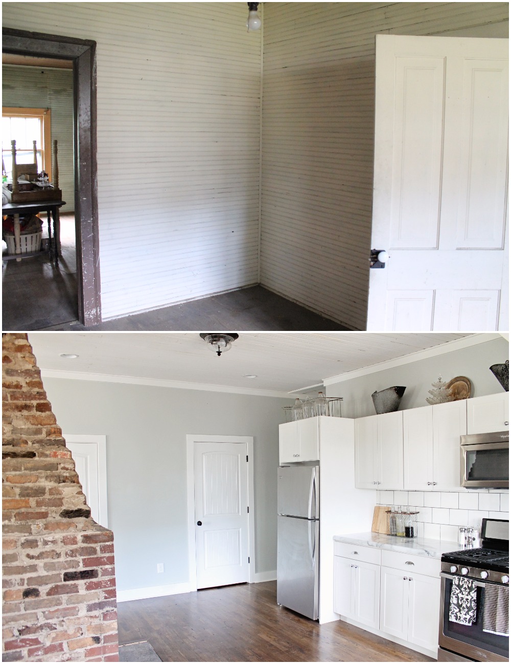 Elizabeth Burns Design  Budget-Friendly Fixer Upper Farmhouse Before and After House Flip - DIY Kitchen with Formica Marble Counter White Shaker Cabinets Barn Door - Sherwin Williams Silver Strand (4).jpg