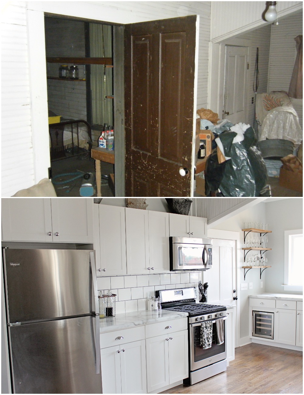 Elizabeth Burns Design  Budget-Friendly Fixer Upper Farmhouse Before and After House Flip - DIY Kitchen with Formica Marble Counter White Shaker Cabinets Barn Door - Sherwin Williams Silver Strand (2).jpg